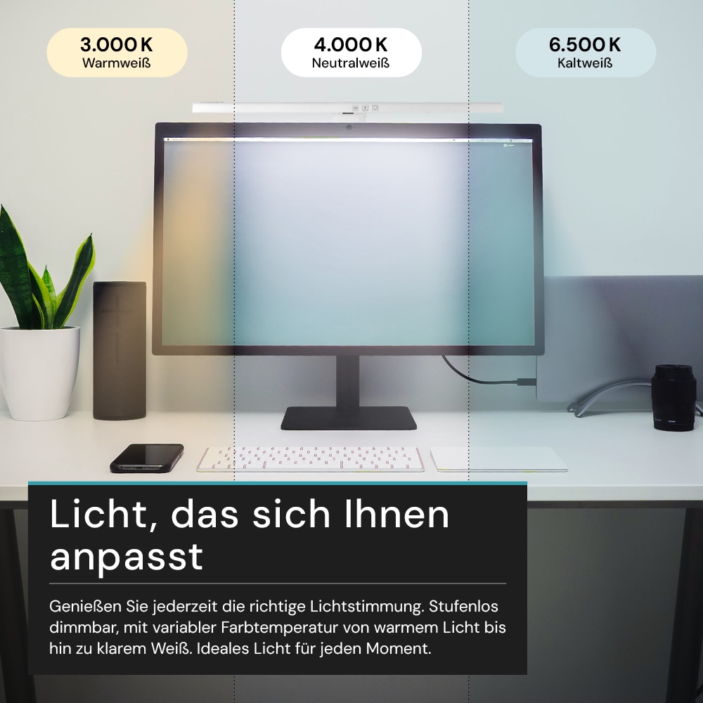 LUXULA LED-Monitorleuchte, 5W, EEK: G, 250lm, CCT, IP20, Touch Control, weiß, 50 cm