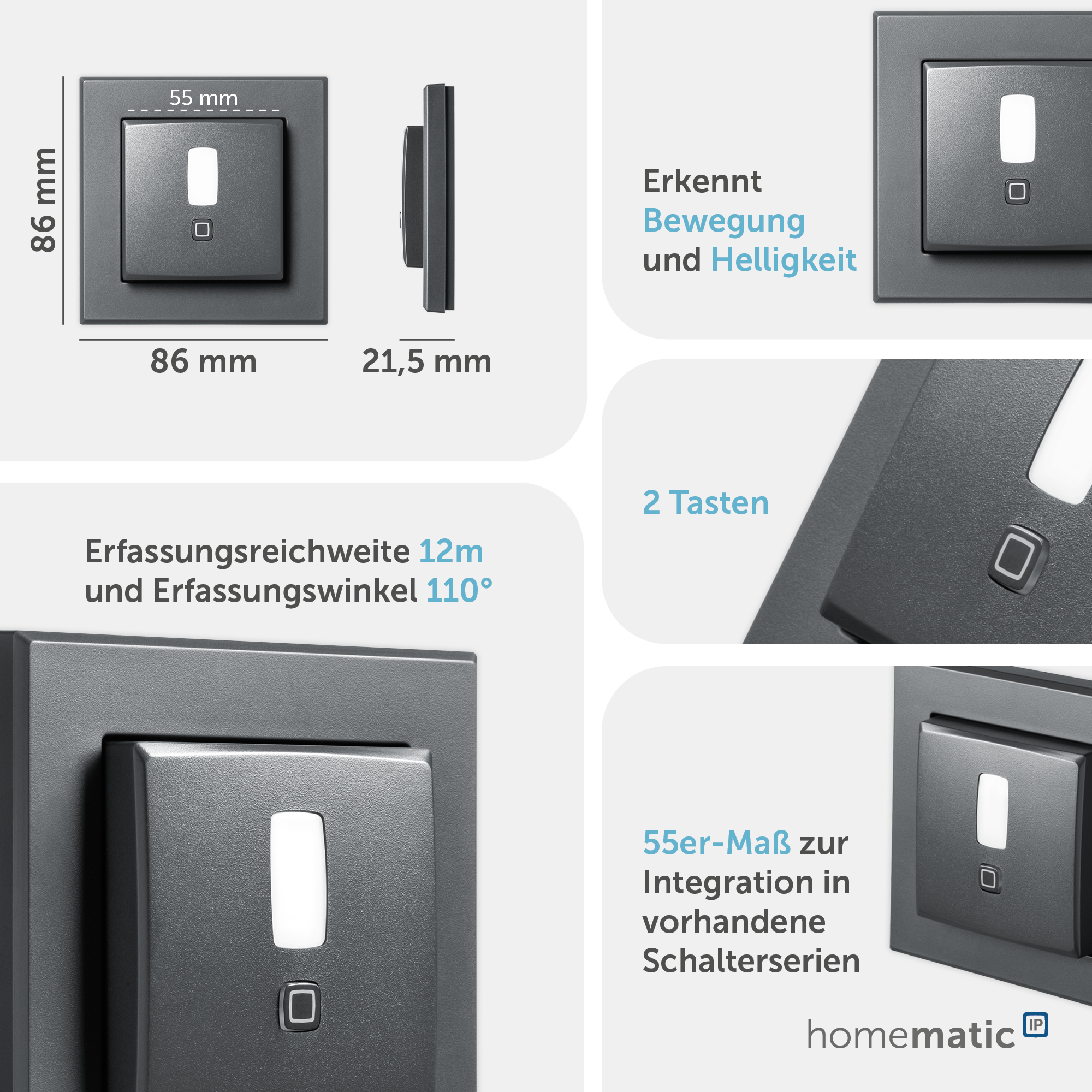 HOMEMATIC IP 159903A0, Bewegungsmelder, 55er Rahmen, innen, anthrazit HOMEMATIC IP 159903A0, Bewegungsmelder, 55er Rahmen, innen, anthrazit