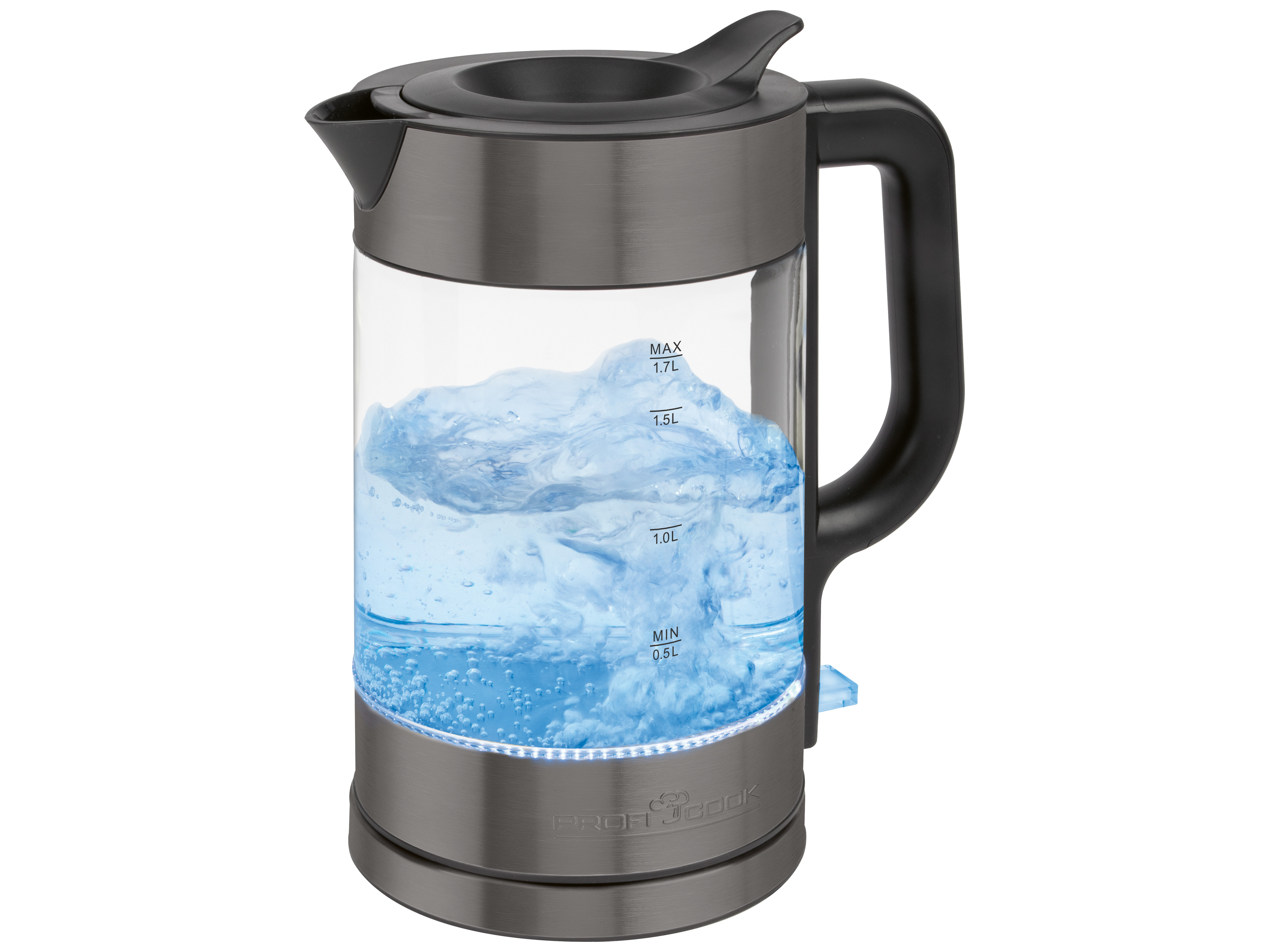 PROFICOOK Glas-Wasserkocher PC-WKS 1322, 1,7L, Glas & Edelstahl, 2200 W, DarkInox