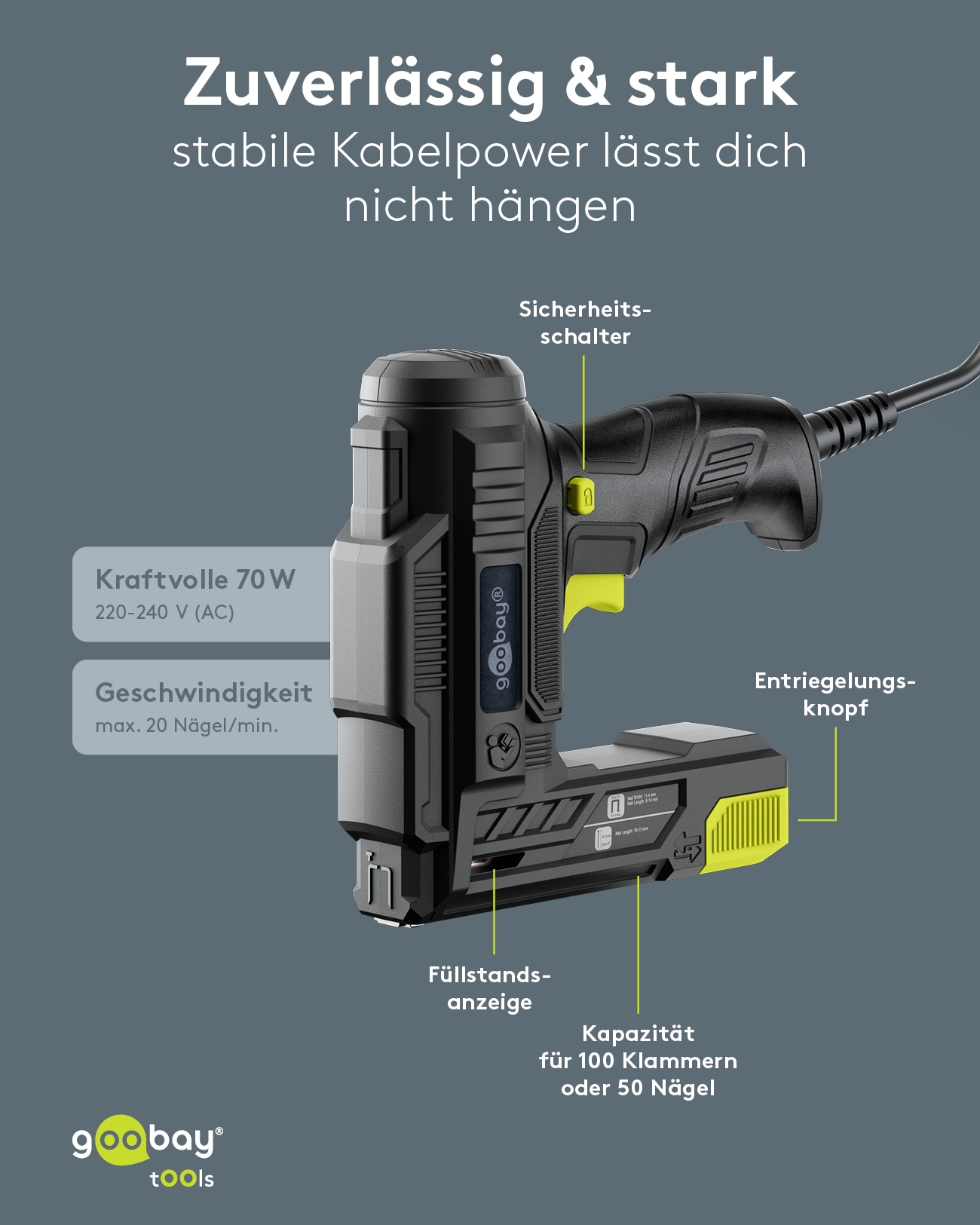 GOOBAY TOOLS 2in1 Elektrotacker-Set, 77820, mit 400 Tackernadeln und 100 Nägeln GOOBAY TOOLS 2in1 Elektrotacker-Set, 77820, mit 400 Tackernadeln und 100 Nägeln