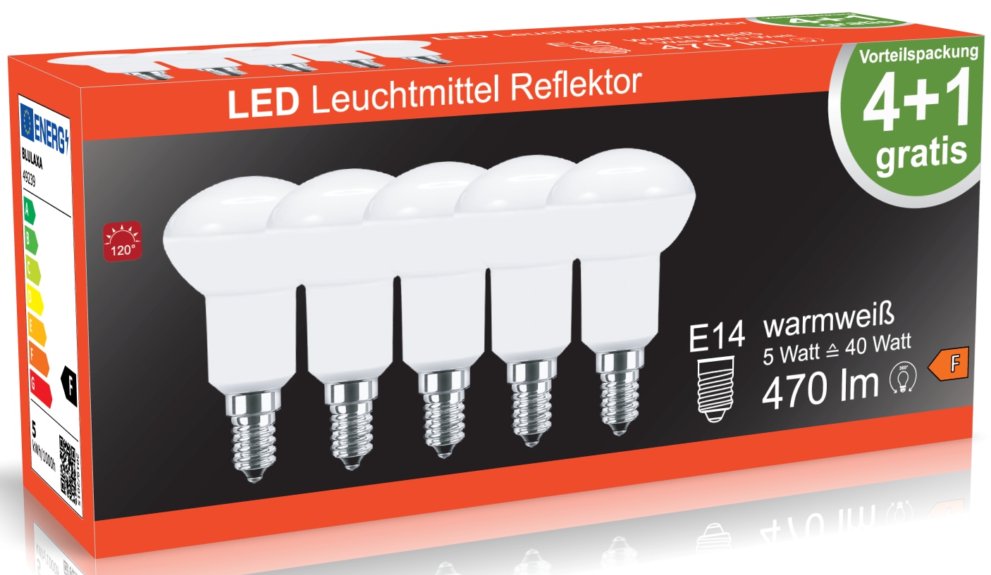 BLULAXA LED-SMD-Lampe, R50, EEK: F, E14, 5 W, 470 lm, 2700 K, 5 Stück BLULAXA LED-SMD-Lampe, R50, EEK: F, E14, 5 W, 470 lm, 2700 K, 5 Stück