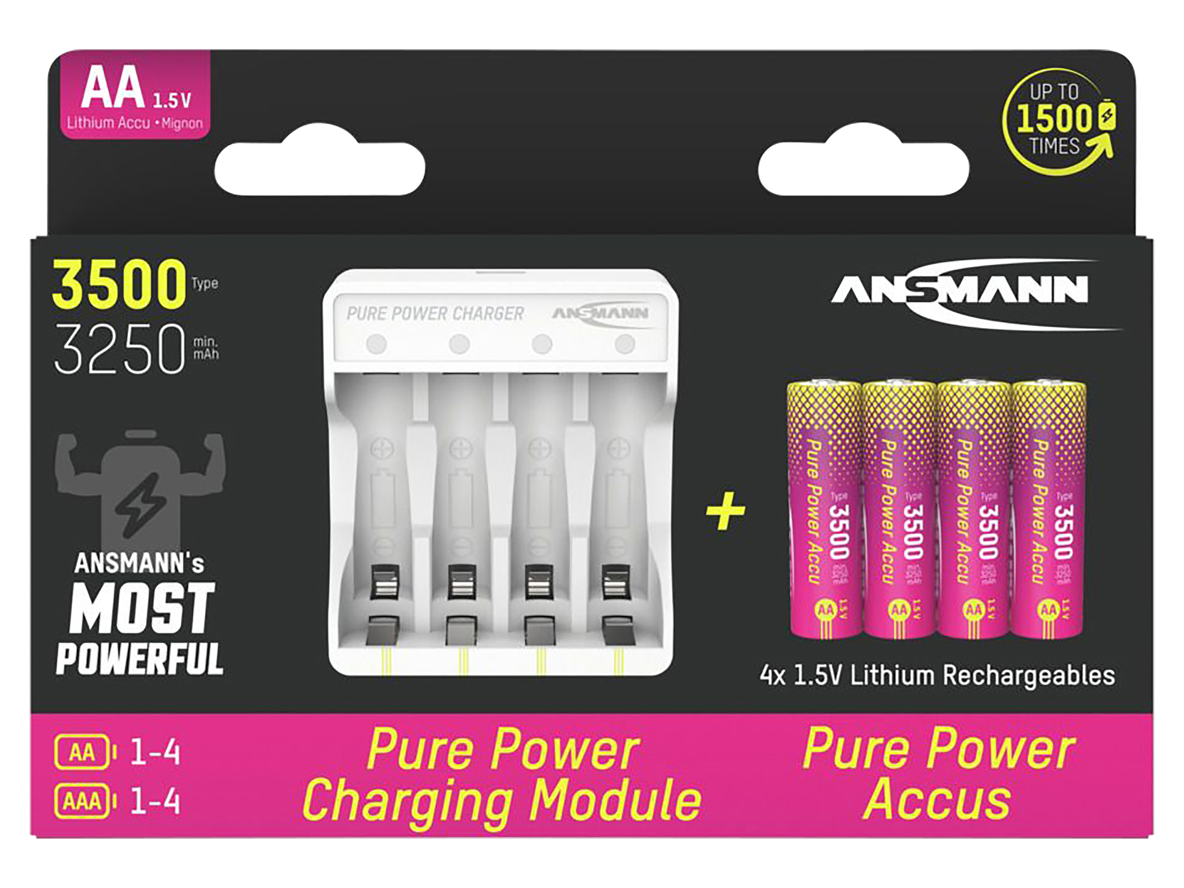 ANSMANN Lademodul Pure Power Set, 4× Mignon AA Akkus Typ 3500 Lademodul ANSMANN Pure Power Set, 4× Mignon AA Akkus Typ 3500