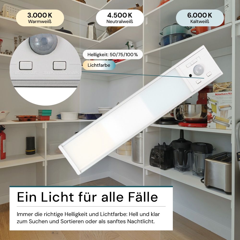 LUXULA LED-Schrankleuchte mit Bewegungsmelder, 2,2W, 70lm, CCT, IP20, dimmbar, silber, 20cm LUXULA LED-Schrankleuchte mit Bewegungsmelder, 2,2W, 450lm, CCT, IP20, dimmbar, silber, 20cm