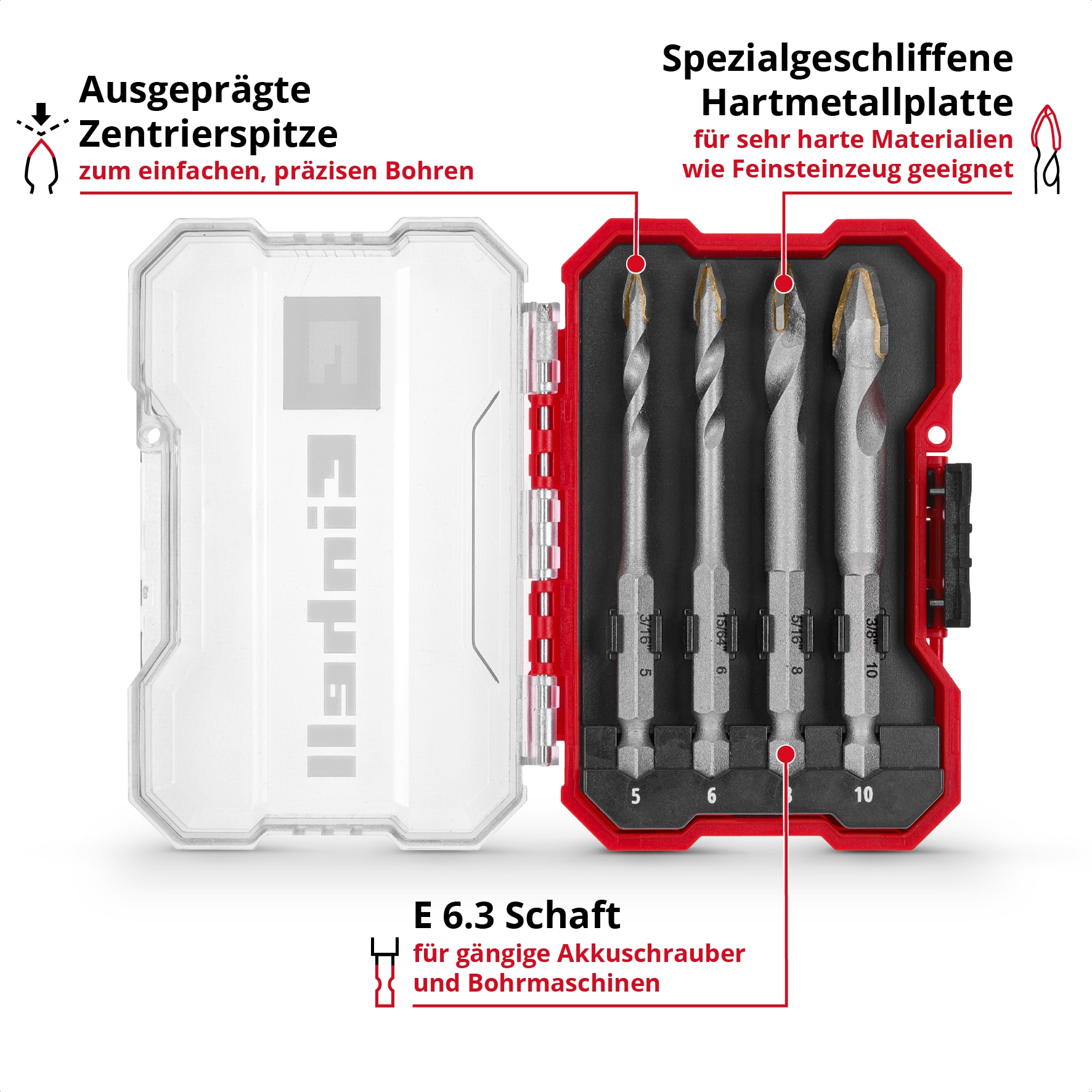 EINHELL Fliesenbohrer-Set, 51404, XS-Case, 5-10 mm, 4-teilig EINHELL Fliesenbohrer-Set, 51404, XS-Case, 5-10 mm, 4-teilig