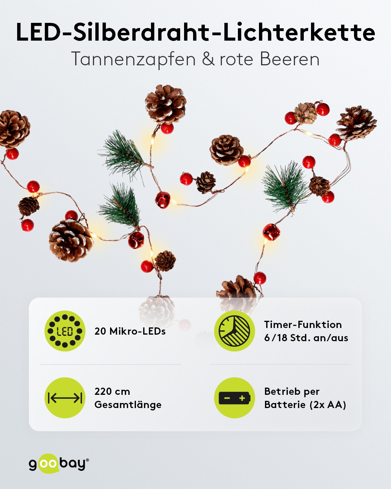 GOOBAY LED-Lichterkette "Tannenzapfen", Silberdraht, Timer, 20 LEDs, 220 cm GOOBAY LED-Lichterkette "Tannenzapfen", Silberdraht, Timer, 20 LEDs, 220 cm