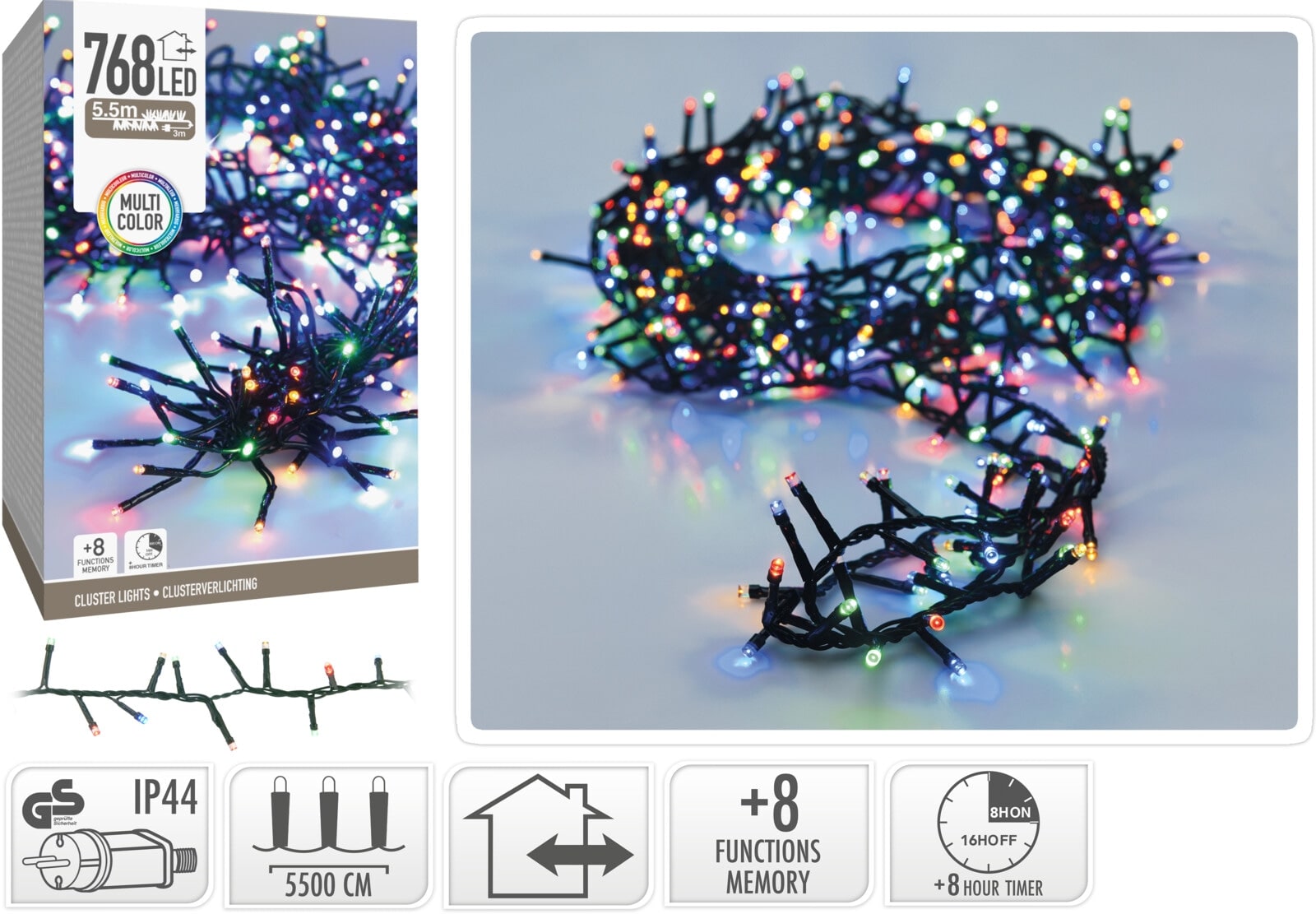 LED-Clusterlichterkette Büschel bunt, 768 LEDs, schwarzes Kabel, Innen/Außen, 8,5m KOOPMAN LED-Clusterlichterkette Büschel bunt, 768 LEDs, schwarzes Kabel, Innen/Außen, 8,5m