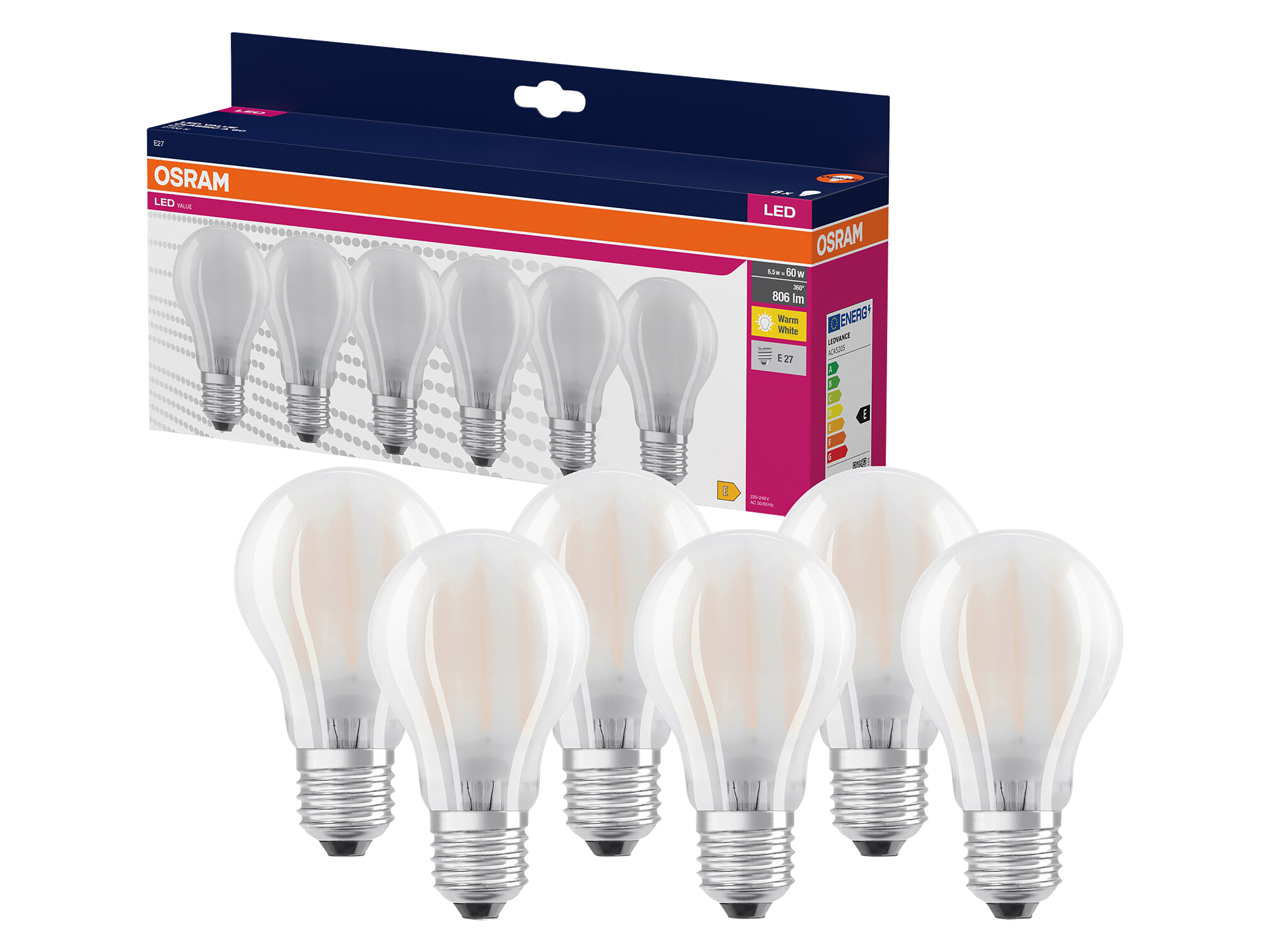 OSRAM LED-Lampe A60 matt, 6 Stück, E27, 6,5 W, 806 lm, 2700 K OSRAM LED-Lampe A60 matt, 6 Stück, E27, 6,5 W, 806 lm, 2700 K
