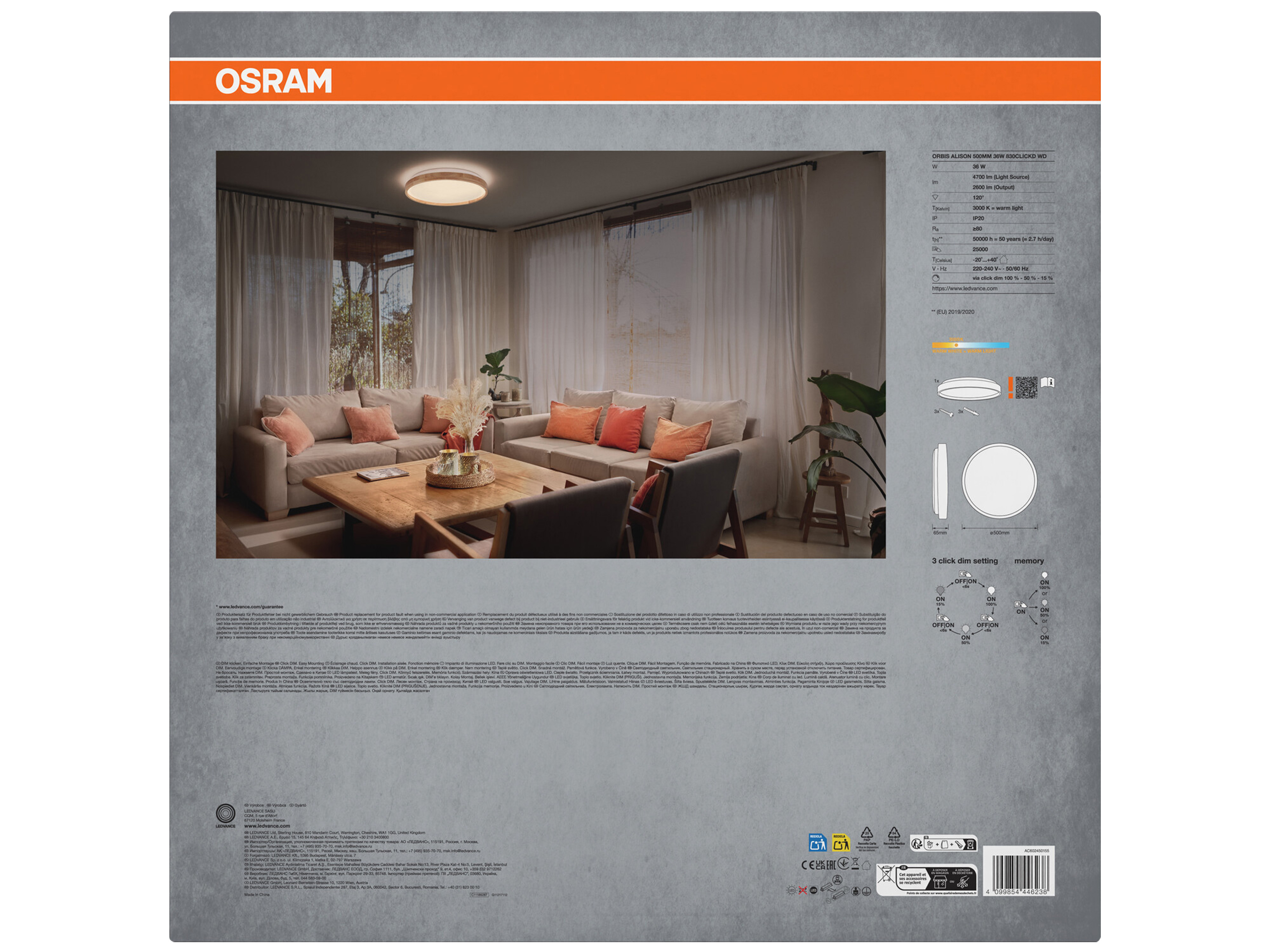 OSRAM LED-Deckenleuchte mit Holzring, 36 W, 3.000 K, Dimmbar, EEK: D, IP20, warmweiß OSRAM LED-Deckenleuchte mit Holzring, Dimmbar, 36 W, 3.000 K, EEK: D, IP20, warmweiß