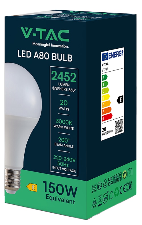 V-TAC LED-Lampe, VT-22022, EEK: E, E27, 20 W, 2452 lm, 3000 K V-TAC LED-Lampe, VT-22022, EEK: E, E27, 20 W, 2452 lm, 3000 K