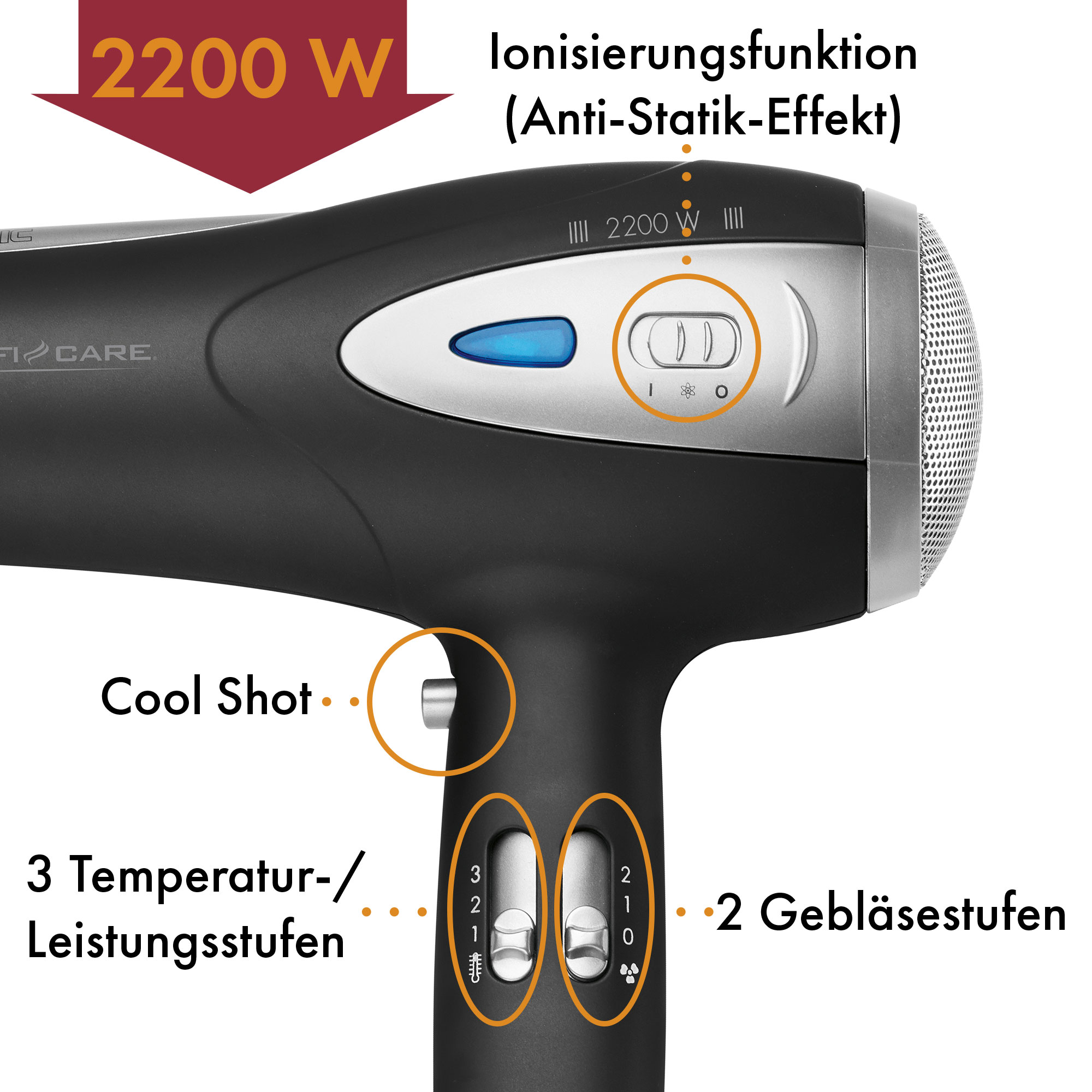PROFI CARE Haartrockner PC-HTD 3113, Ionisierungsfunktion, 2200W, schwarz PROFICARE Haartrockner PC-HTD 3113, Ionisierungsfunktion, 2200W, schwarz