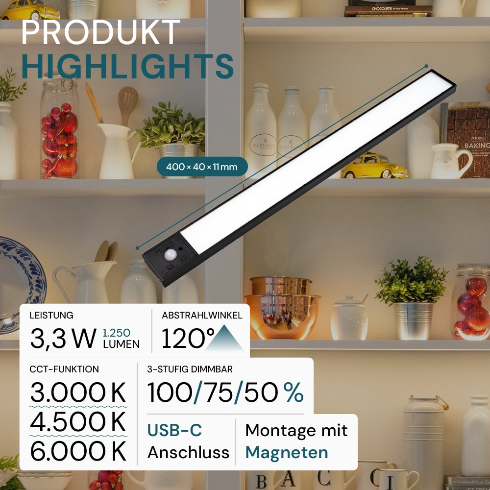 LUXULA LED-Schrankleuchte mit Bewegungsmelder, 3,3W, 1250lm, CCT, IP20, schwarz, 40cm