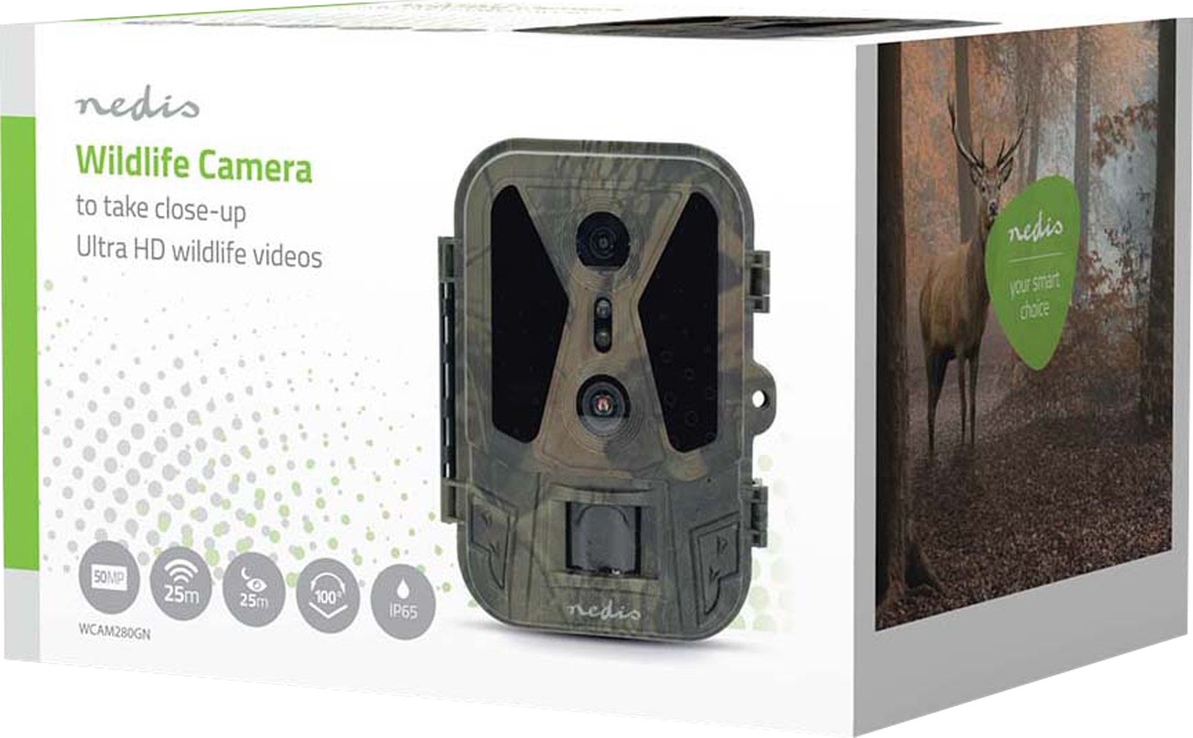 NEDIS Wildkamera WCAM280GN, 4K@10fps, 8 MPixel CMOS, IP65, Schwarz No-Glow IR, Nachtsicht, 25 m, 2,4" LCD