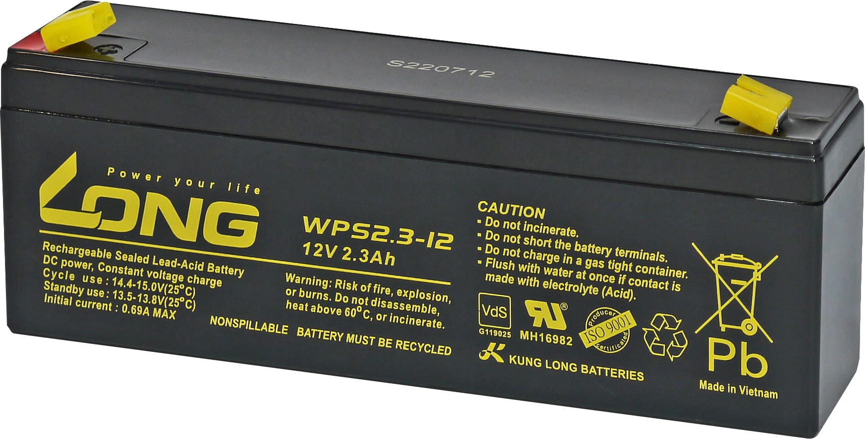 KUNG LONG Blei-Akkumulator WPS2.3-12-M/F1, 12 V- / 2,3 Ah