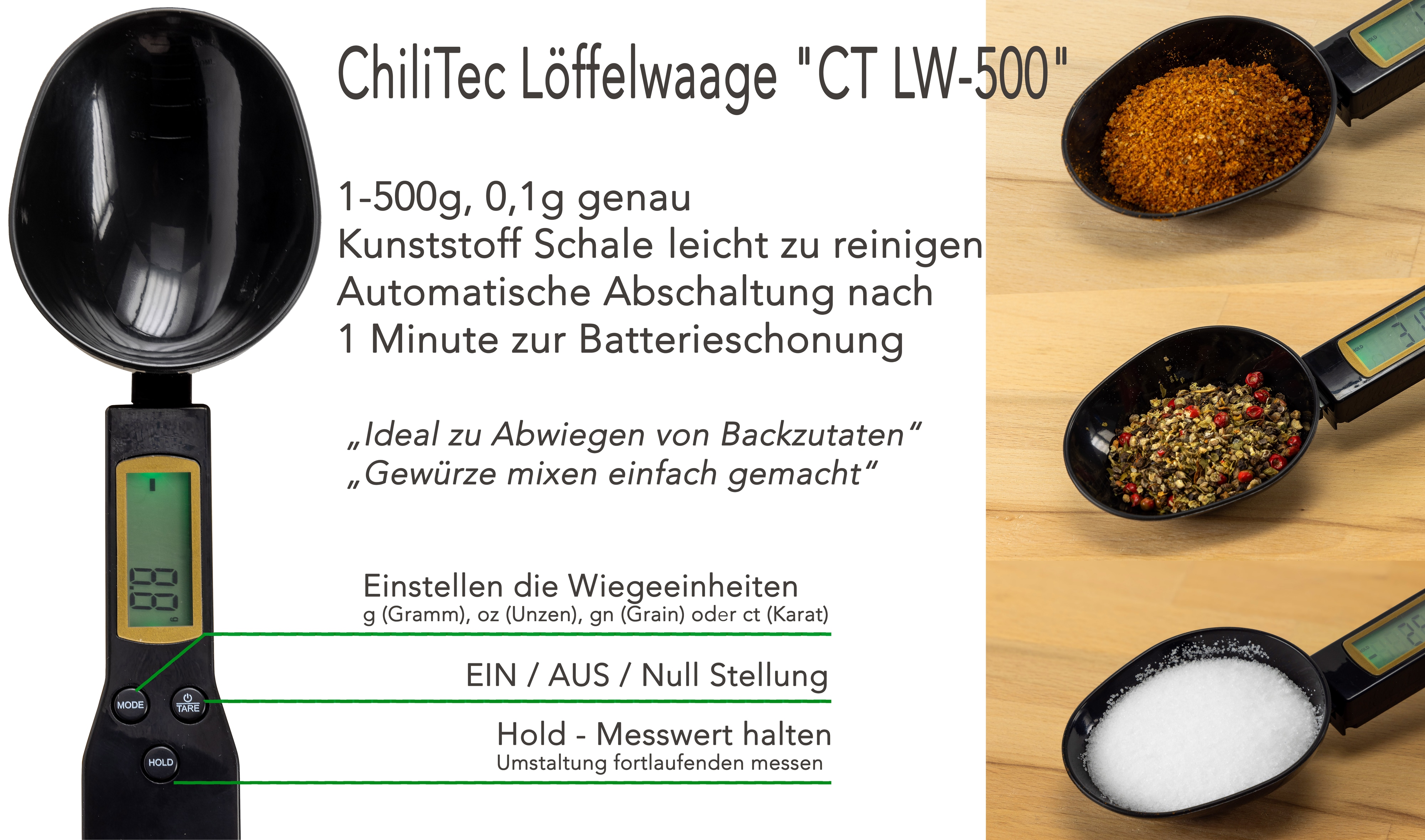 CHILITEC Digitale Löffelwaage CT LW-500, 1...500 g, 0,1 g genau, schwarz CHILITEC Digitale Löffelwaage CT LW-500, 1...500 g, 0,1 g genau, schwarz