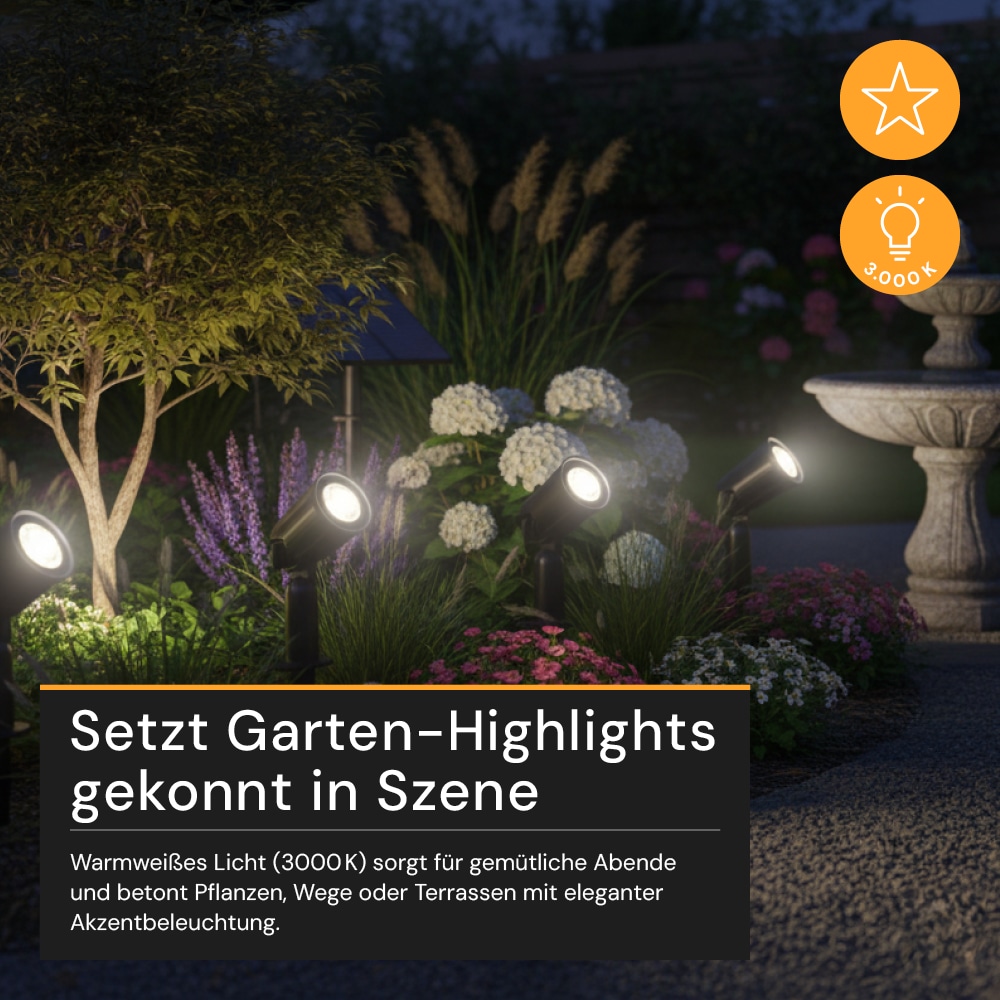 LUXULA Solar LED-Gartenleuchten Set, 5W, 3000K, 200lm, warmweiß, IP54, schwarz, 4 Stück