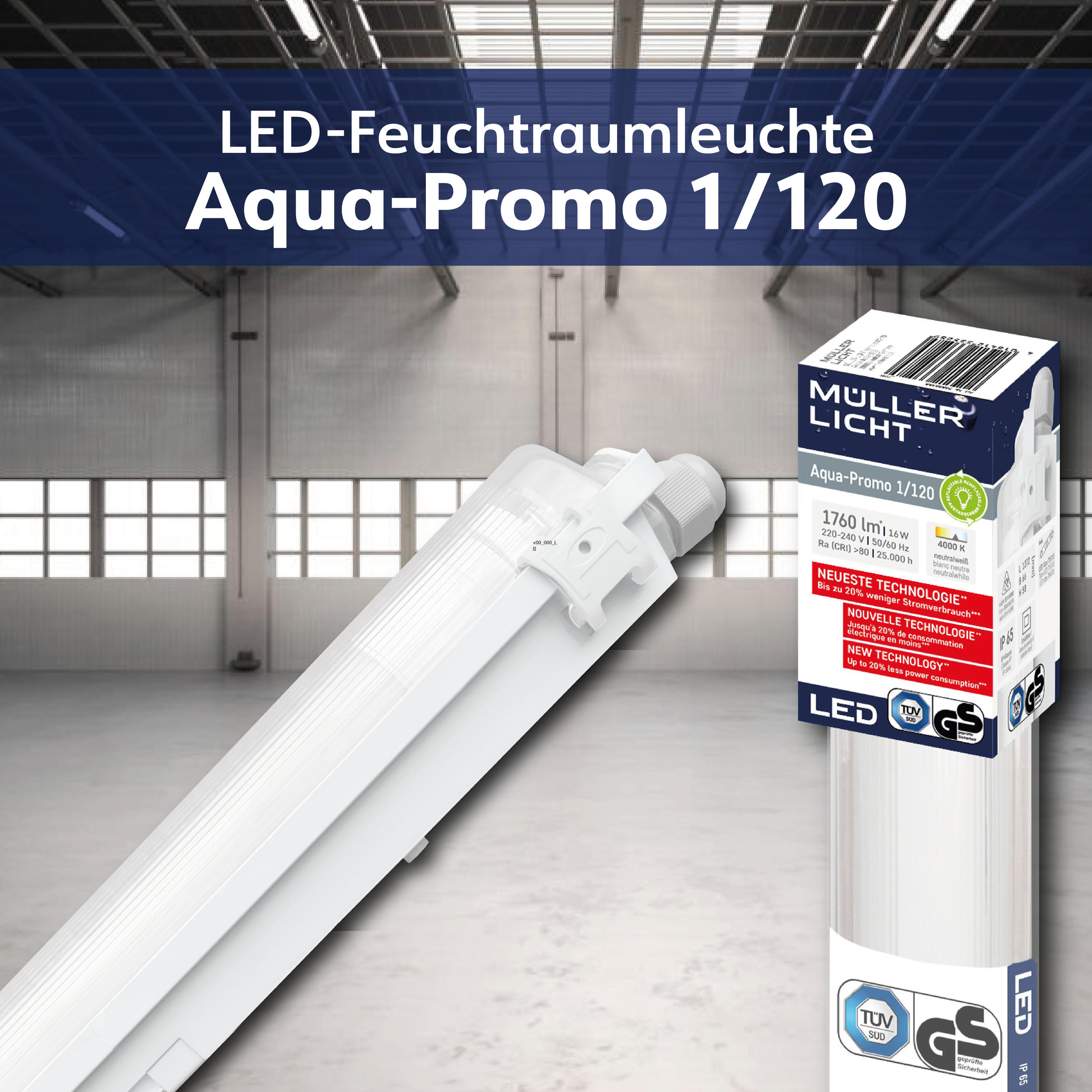MÜLLER-LICHT LED-Feuchtraum-Wannenleuchte AQUA-PROMO 1/120, 16 W, 1680 lm, 4000 K, 1272 mm MÜLLER-LICHT LED-Feuchtraum-Wannenleuchte AQUA-PROMO 1/120, 18 W, 1900 lm, 4000 K, 1272 mm