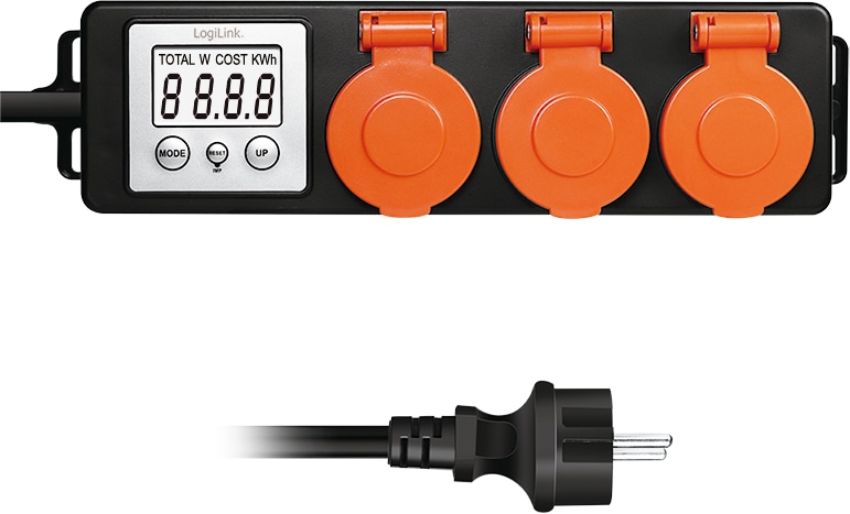 LOGILINK Außensteckdose mit Energiekostenmesser, 2,0"-LCD, Schutzklappe, 3-Fach