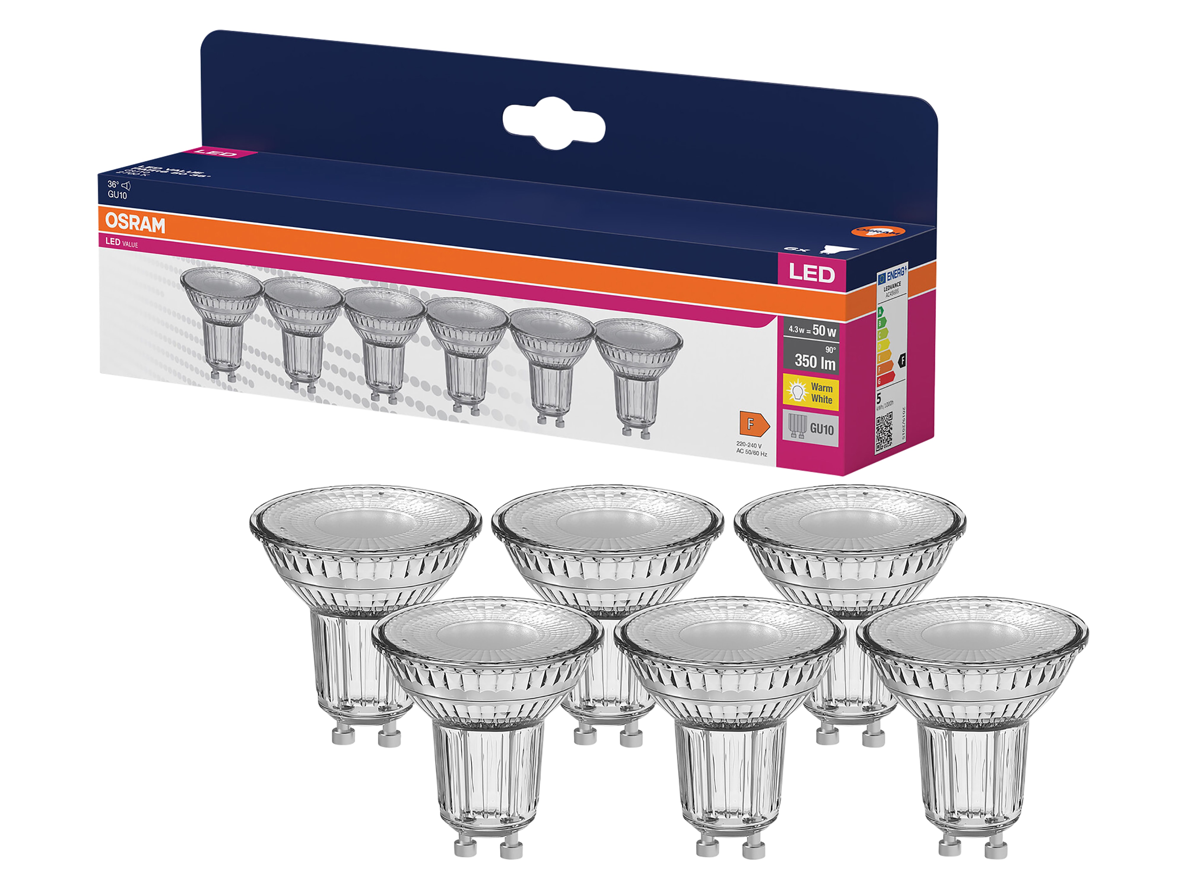 OSRAM LED-Lampe PAR16, 6 Stück, GU10, 4,3 W, 350 lm, 2700 K OSRAM LED-Lampe PAR16, 6 Stück, GU10, 4,3 W, 350 lm, 2700 K