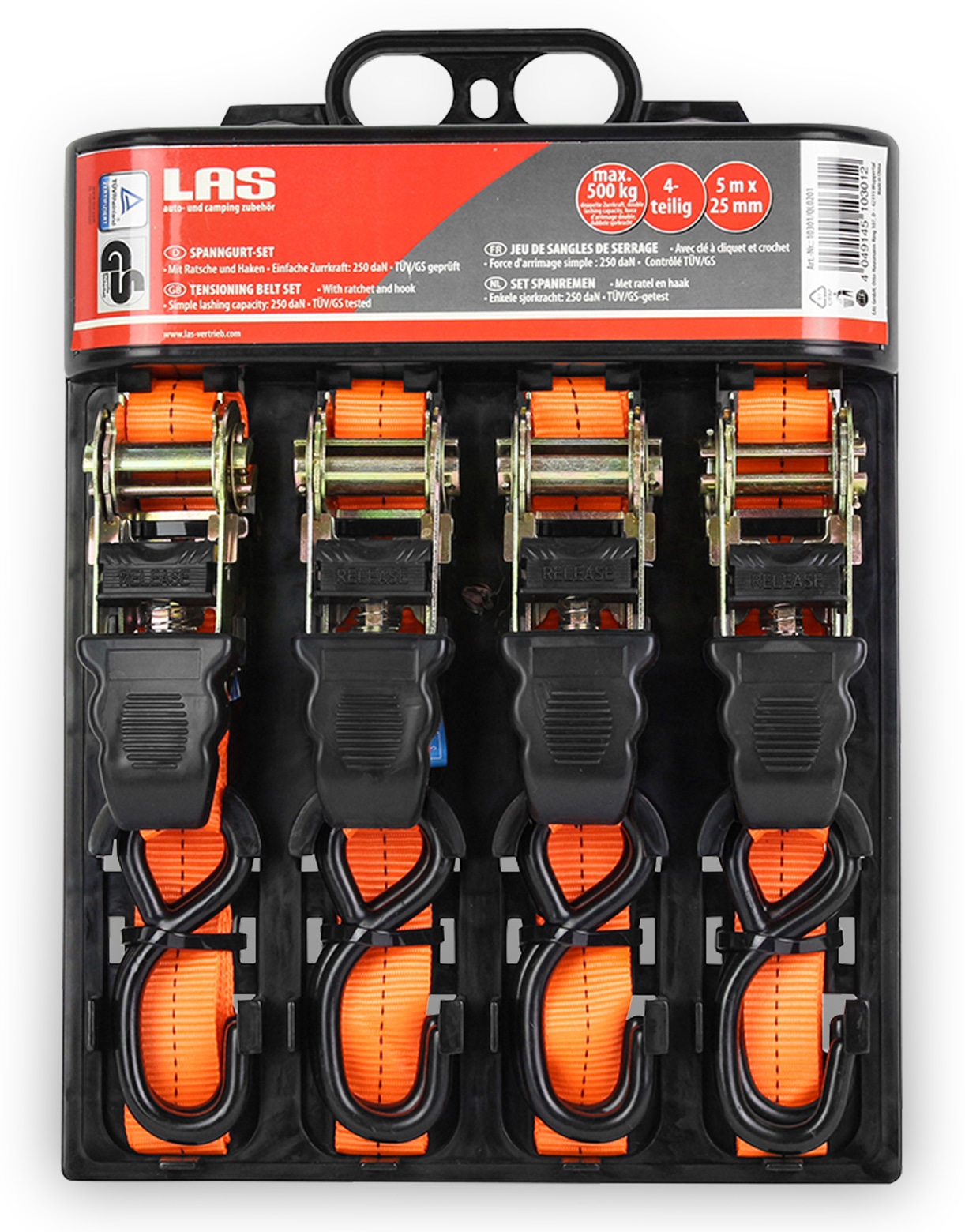 LAS Spanngurt 10301, 4 Stück, 500x2,5 cm, 250 daN LAS Spanngurt 10301, 4 Stück, 500x2,5 cm, 250 daN