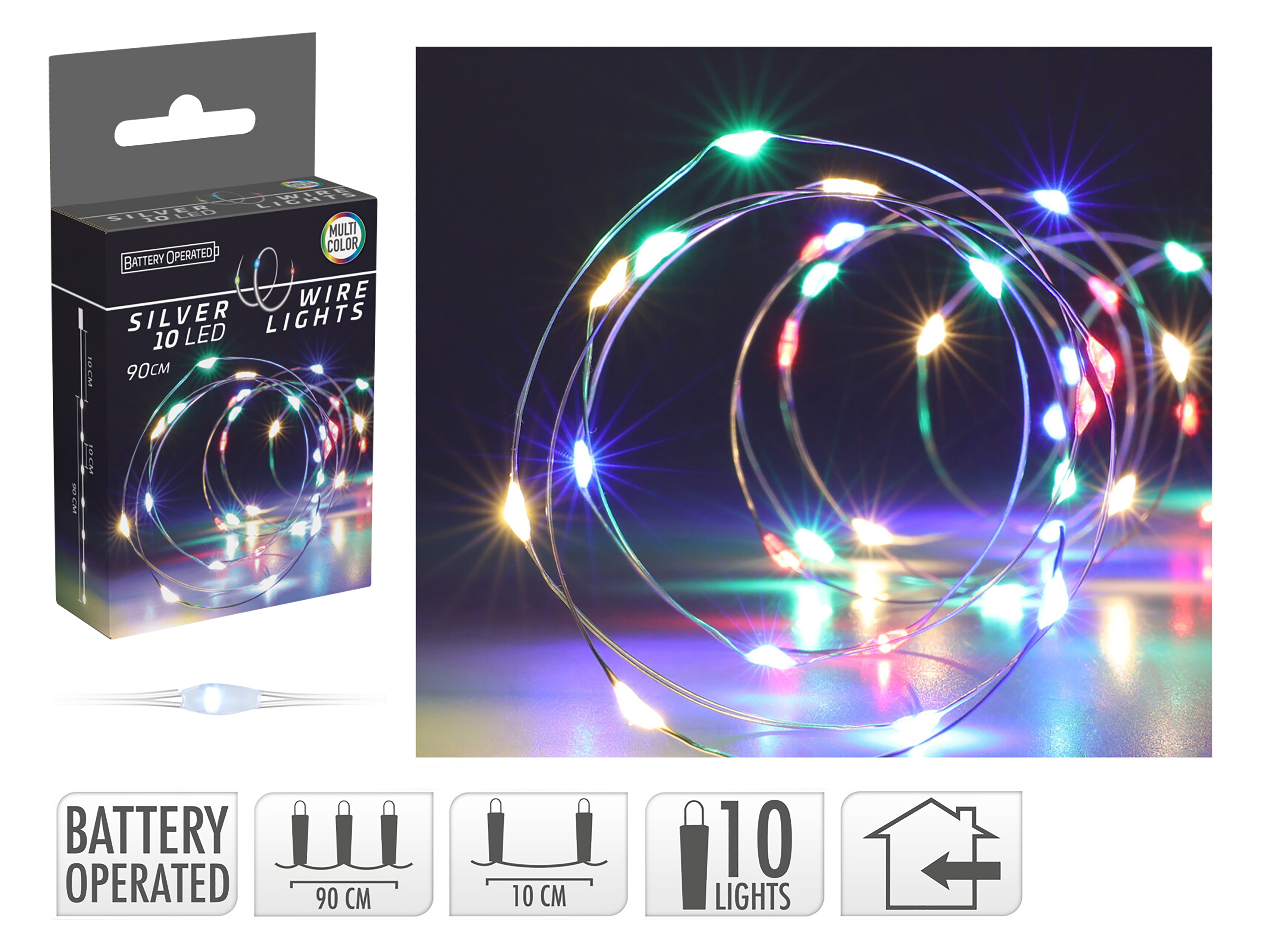 LED-Lichterkette, Silberdraht, 10 LEDs, bunt, Batteriebetrieb, inkl. Batterien LED-Lichterkette, Silberdraht, 10 LEDs, bunt, Batteriebetrieb