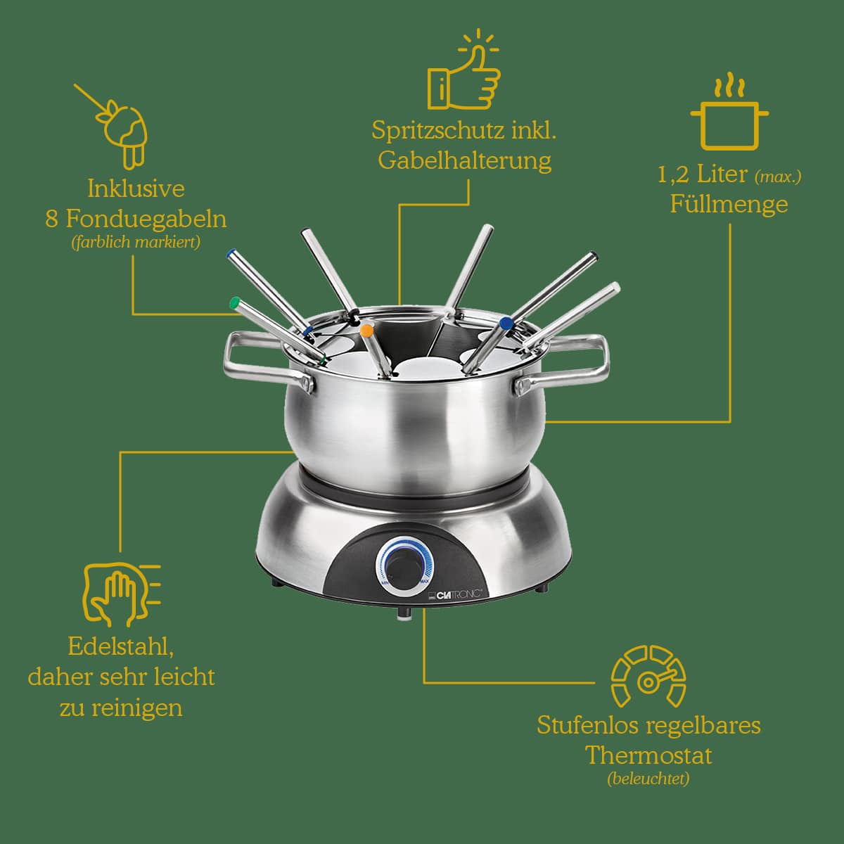 CLATRONIC Fondue-Set FD 3783, Edelstahl Topf, 8 Personen, 1,2 L, 1400W CLATRONIC Fondue-Set FD 3783, Edelstahl Topf, 8 Personen, 1,2 L, 1400W