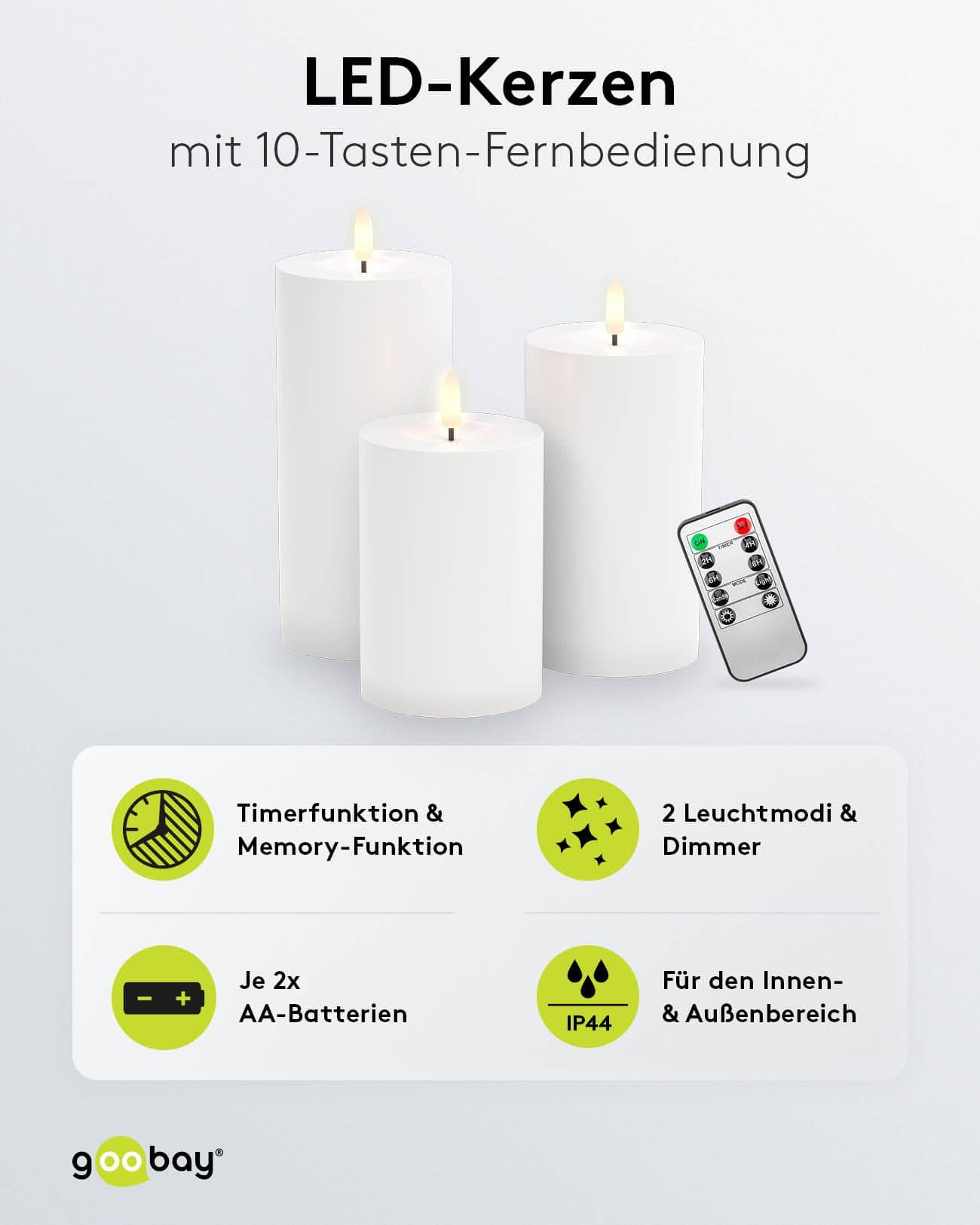 GOOBAY LED-Kerzen 64786, 3er Set, mit Fernbedienung, warmweiß GOOBAY LED-Kerzen 64786, 3er Set, mit Fernbedienung, warmweiß