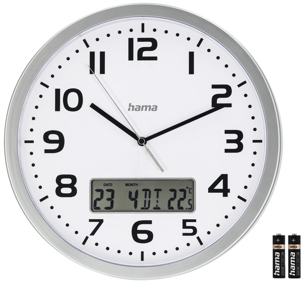 HAMA DCF-Funkwanduhr "Moorea", Ø 30cm, mit Datum- und Temeraturanzeige, silber Hama DCF-Funkwanduhr "Moorea", Ø 30cm, mit Datum- und Temeraturanzeige, silber