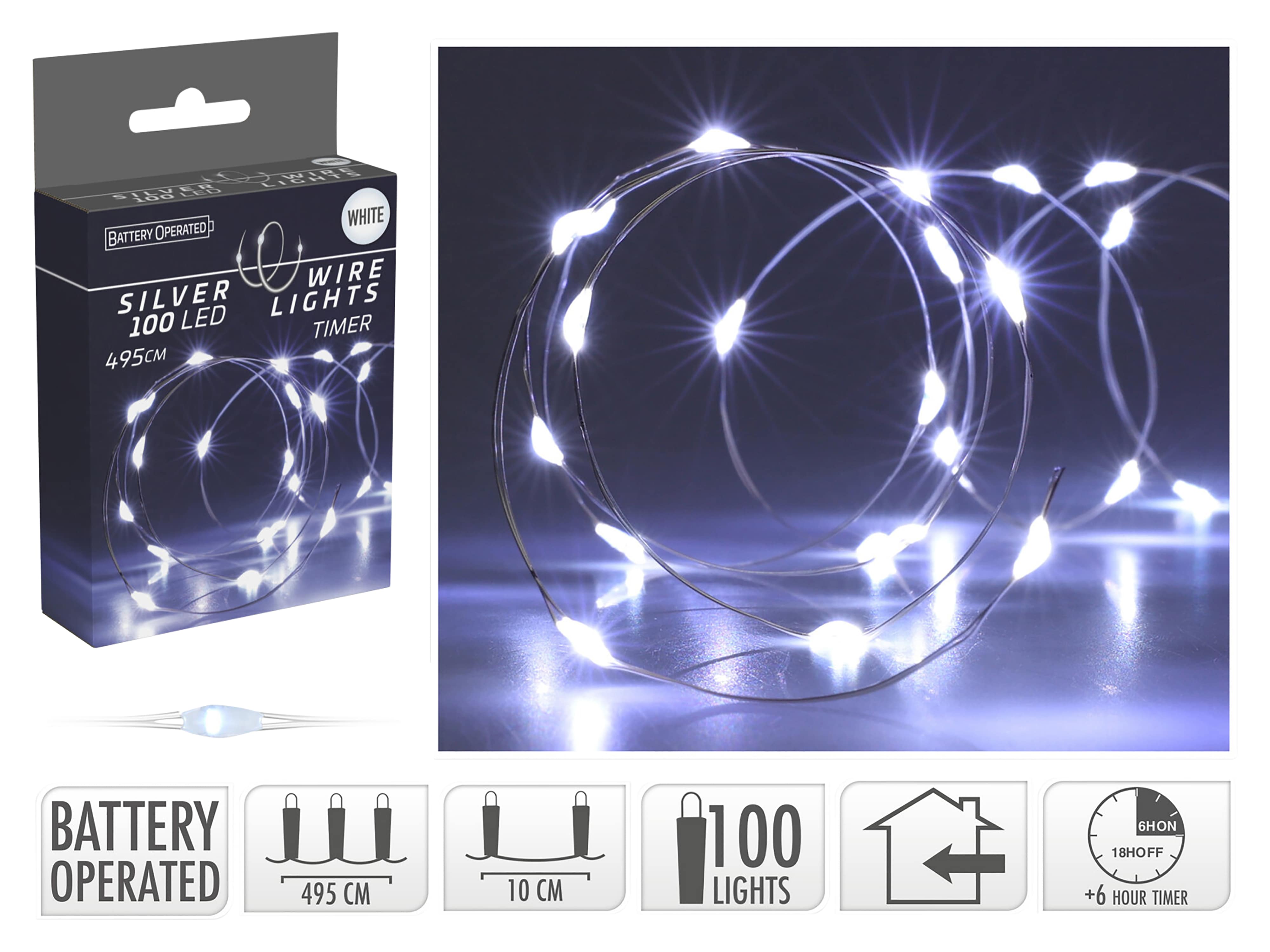 LED-Lichterkette, Silberdraht, 100 LEDs, kaltweiß, Batteriebetrieb, Timer LED-Lichterkette, Silberdraht, 100 LEDs, kaltweiß