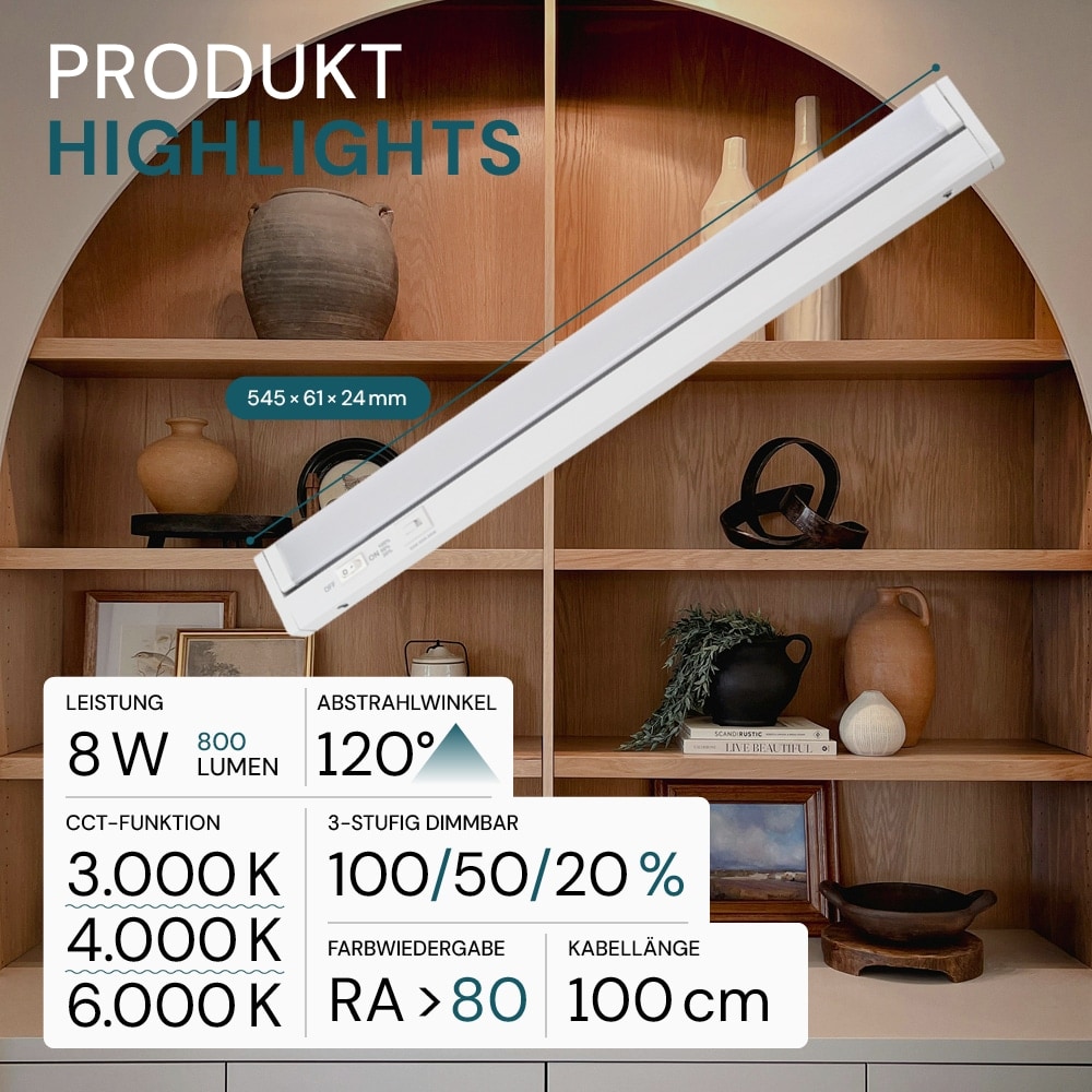LUXULA LED-Unterbauleuchte, 8W, EEK: F, 800lm, CCT, IP20, dimmbar, weiß, 55 cm LUXULA LED-Unterbauleuchte, 8W, EEK: F, 800lm, CCT, IP20, dimmbar, weiß, 55 cm