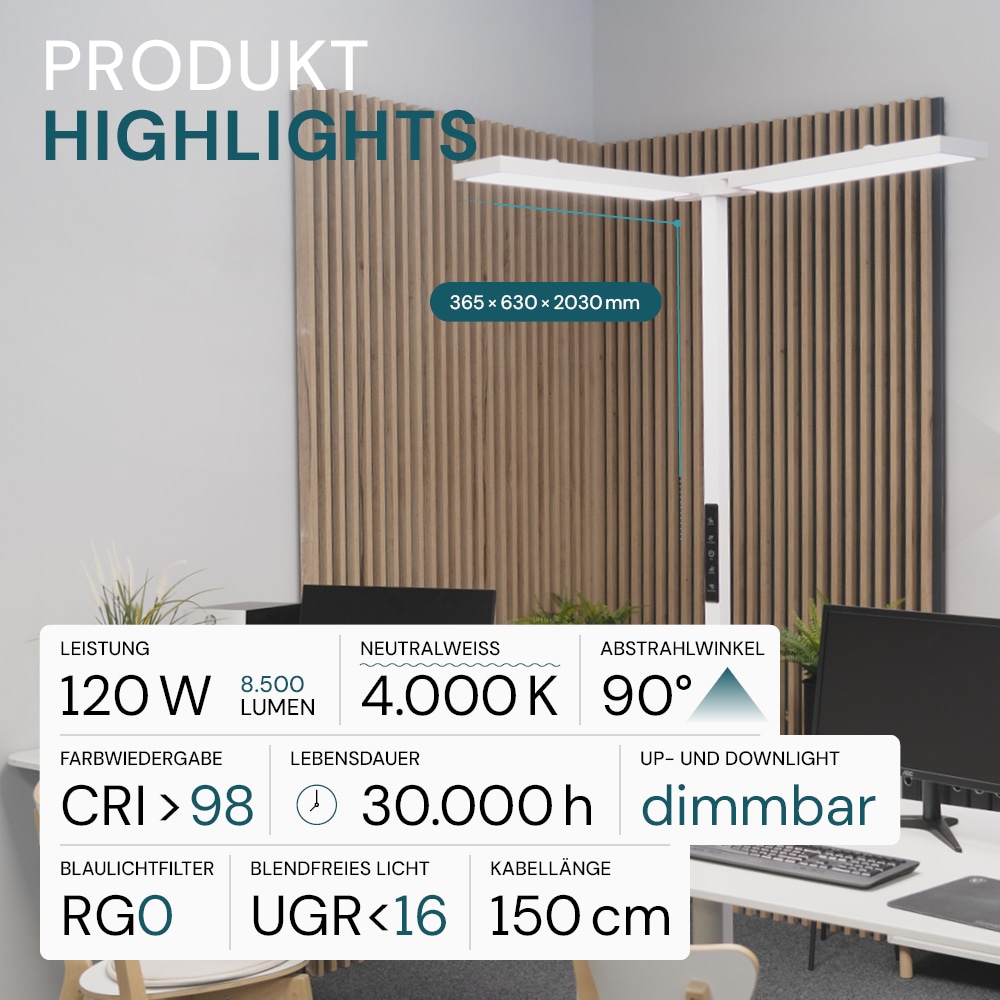 LUXULA LED-Büro-Stehleuchte, Up/Down, 120W, 4000K, EEK: F, 8500lm, IP20, dimmbar, weiß