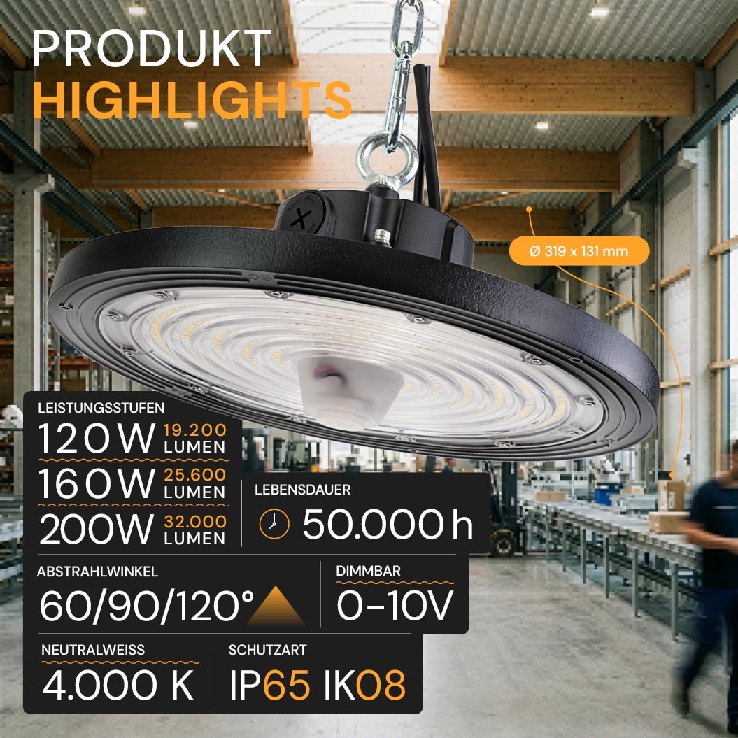 ENOVALITE LED-HighBay-Leuchte, UFO, 120...200 W, 4000 K, EEK: C, 19200...32000 lm, dimmbar, schwarz ENOVALITE LED-HighBay-Leuchte, UFO, 120...200 W, 4000 K, EEK: C, 19200...32000 lm, dimmbar, schwarz