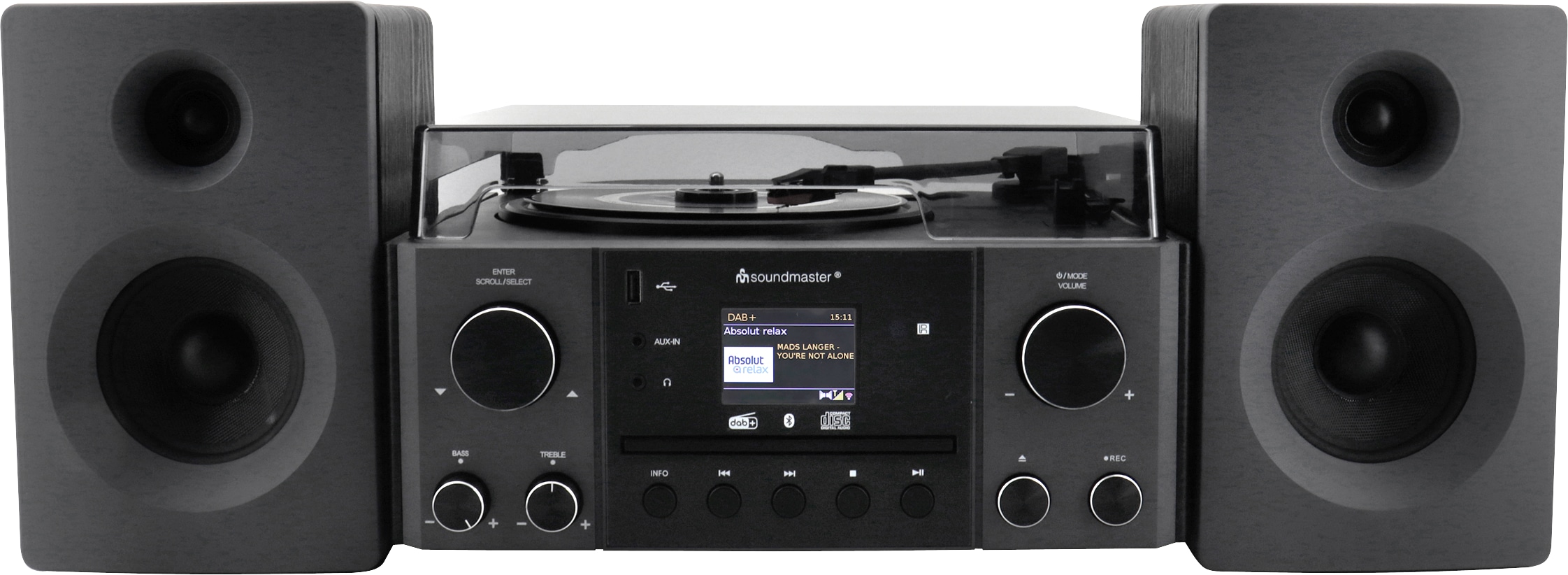 SOUNDMASTER Musikcenter Elite Line MCD1950SW, Plattenspieler, CD, Bluetooth, DAB+, MP3, 2x 10 W, Schwarz SOUNDMASTER Musikcenter Elite Line MCD1950SW, Plattenspieler, CD, Bluetooth, DAB+, MP3, 2x 10 W, Schwarz