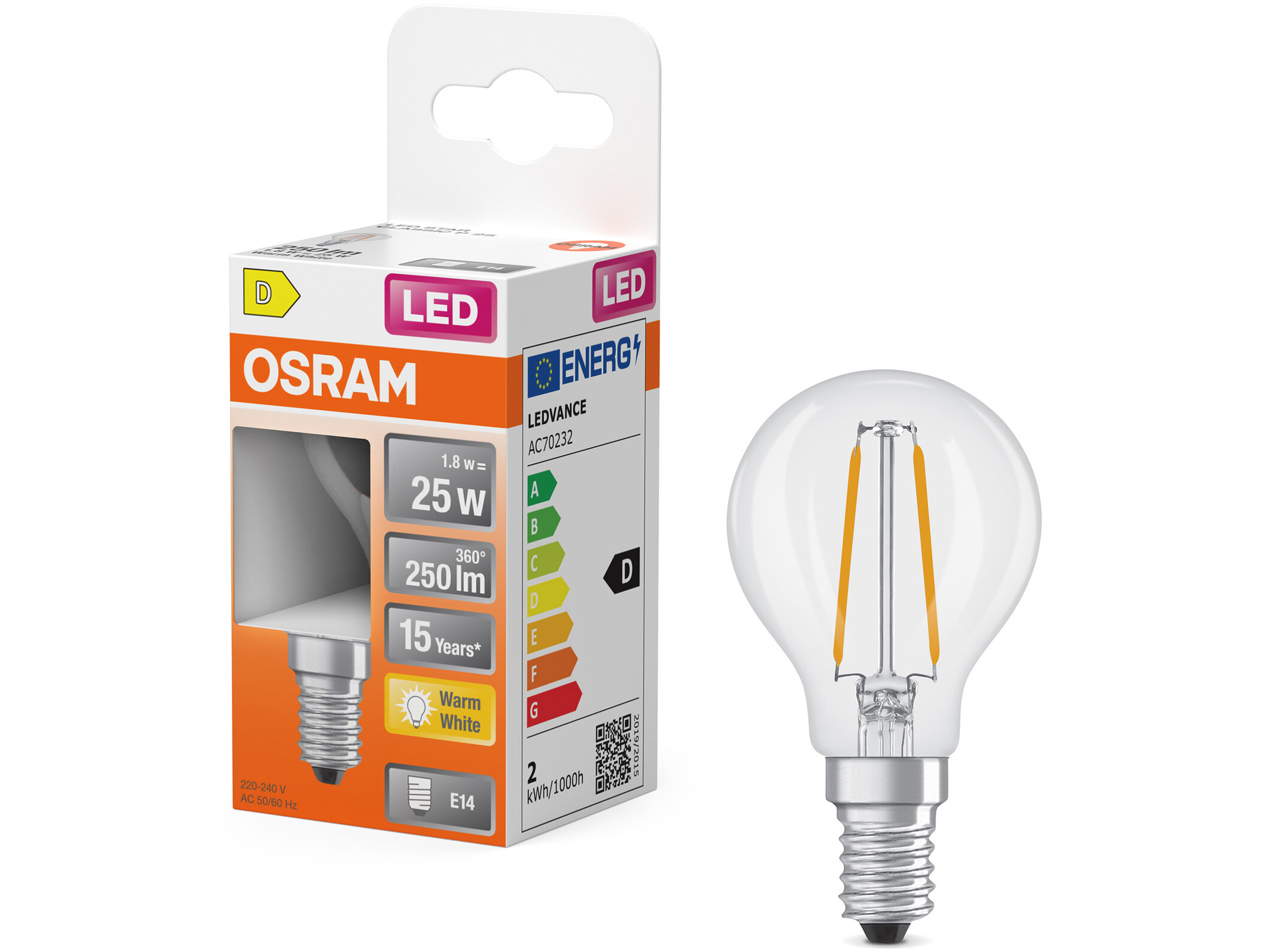 OSRAM LED-Lampe Retrofit, 1,8 W, E14, 2700 K, EEK: D, 250 lm, IP20, warmweiß OSRAM LED-Lampe Retrofit, 1,8 W, E14, 2700 K, EEK: D, 250 lm, IP20, warmweiß