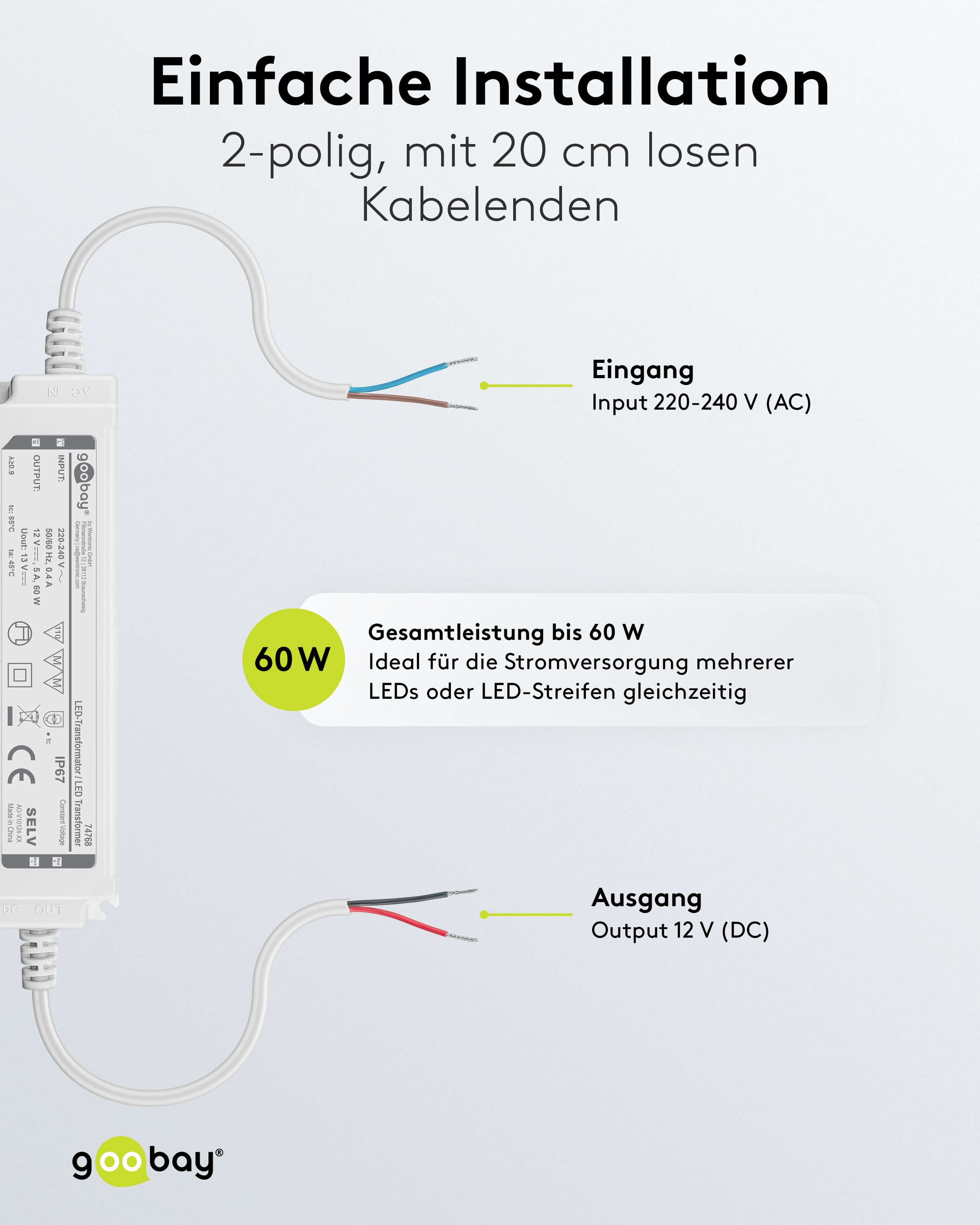 GOOBAY Wetterfester LED-Trafo 12V DC, 60W, 5 A, IP67 GOOBAY Wetterfester LED-Trafo 12V DC, 60W, 5 A, IP67