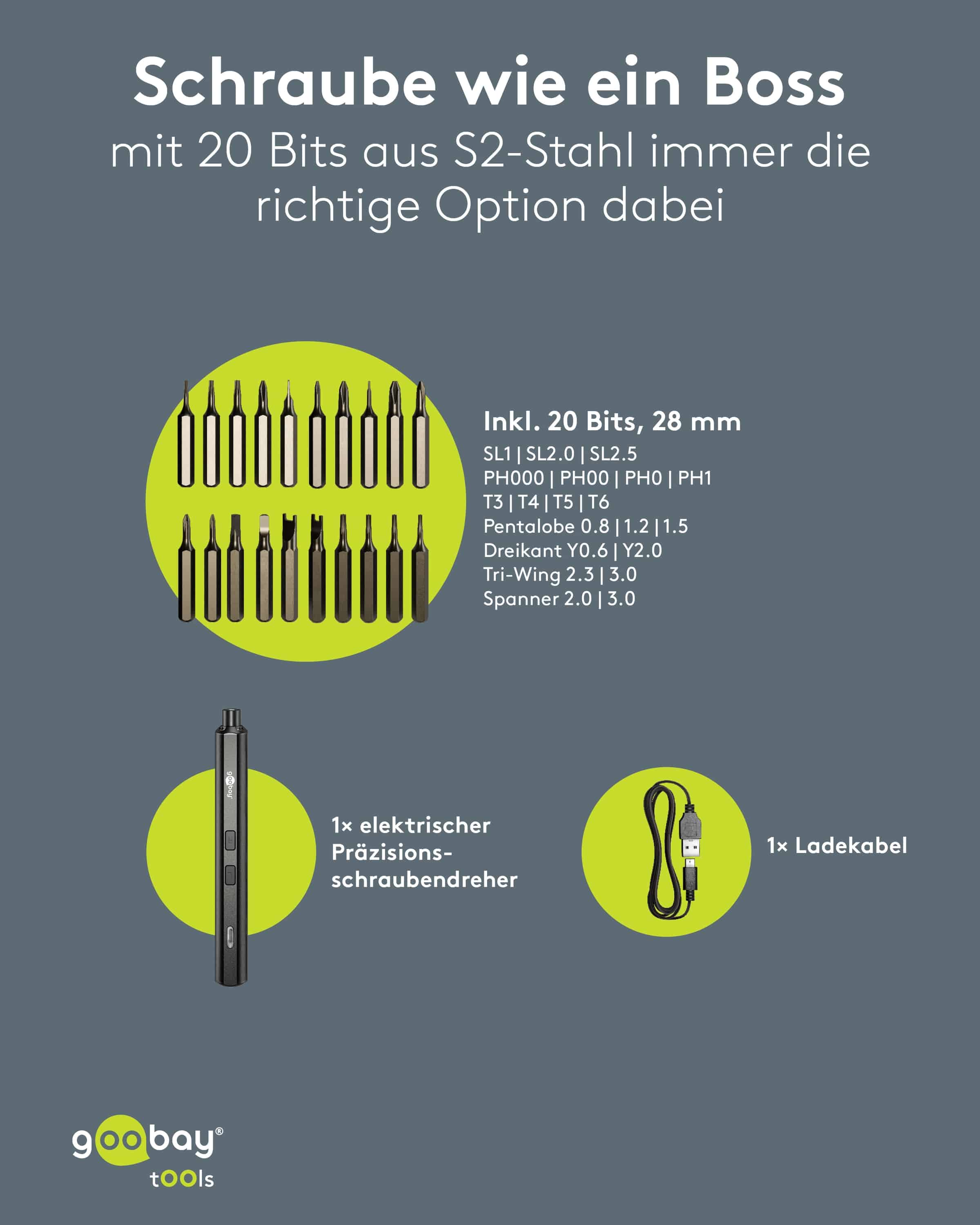 GOOBAY TOOLS Elektrischer Schraubendreher, 77838, mit 20-tlg. Präzisions-Bitsatz GOOBAY TOOLS Elektrischer Schraubendreher, 77838, mit 20-tlg. Präzisions-Bitsatz