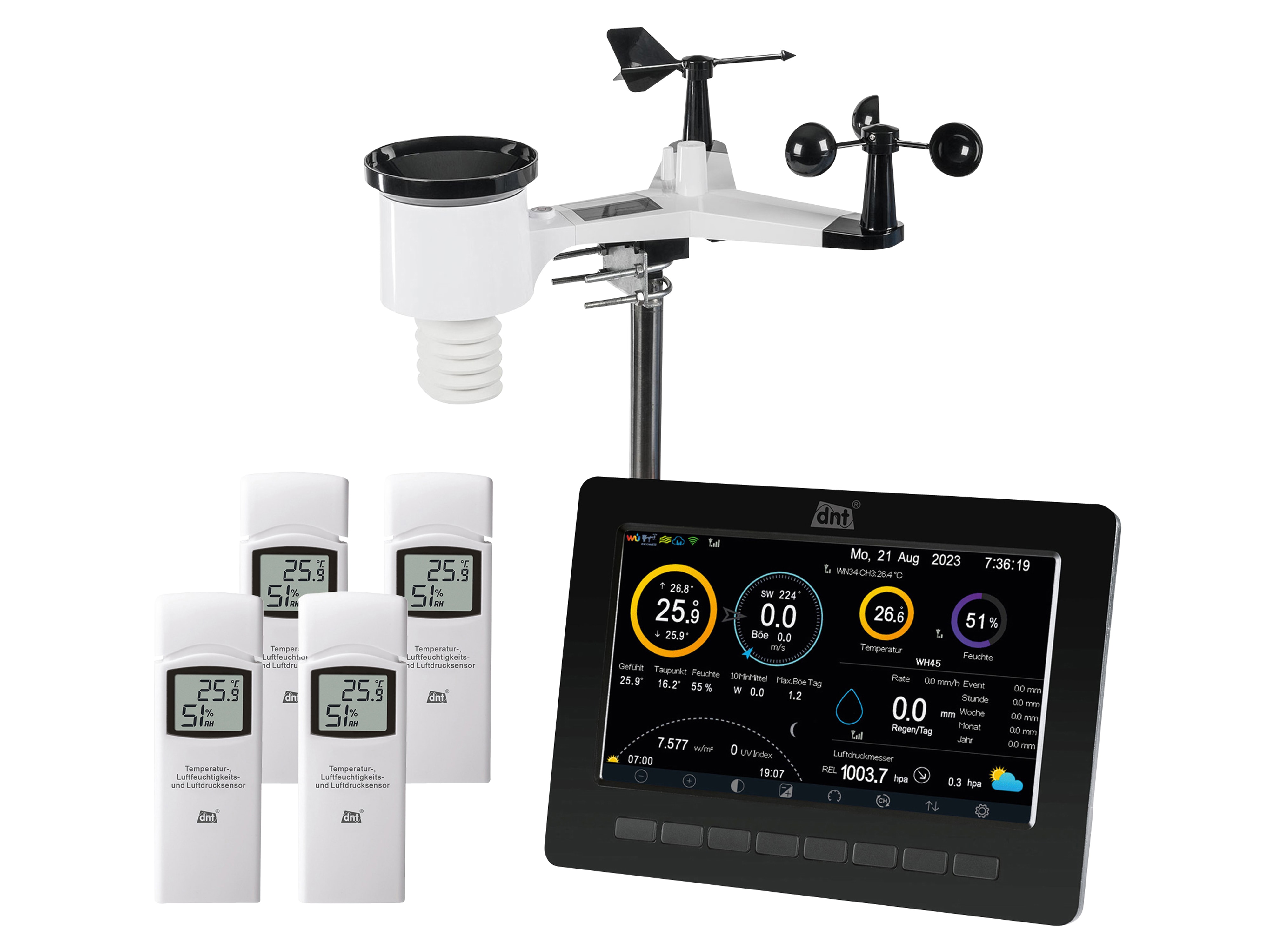 DNT Wetterstation WeatherScreen PRO + 3x Zusatzsender RoomLog Pro DNT Wetterstation WeatherScreen PRO + 3x Zusatzsender RoomLog Pro