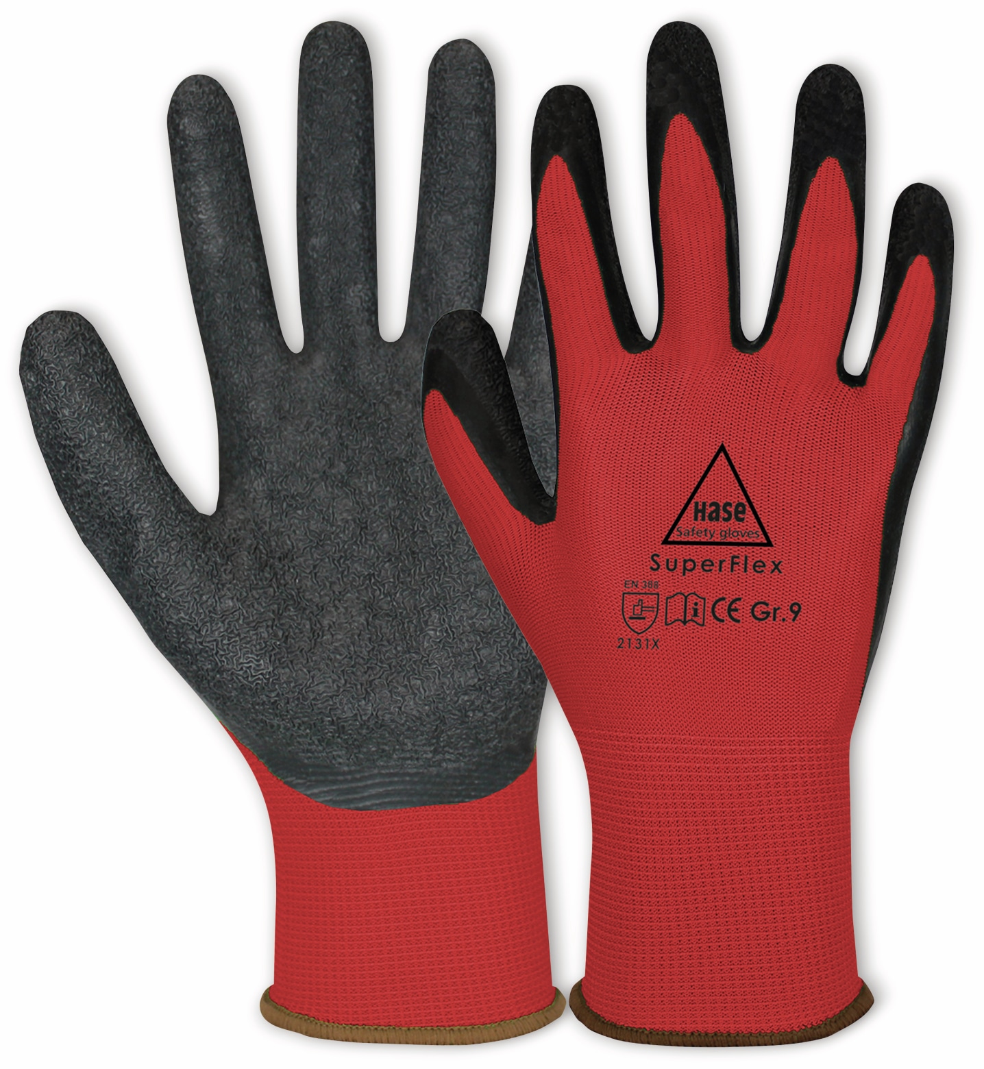 HASE SAFETY GLOVES Latex-Arbeitshandschuhe Superflex, EN 388, EN 420, Größe 9, rot/schwarz