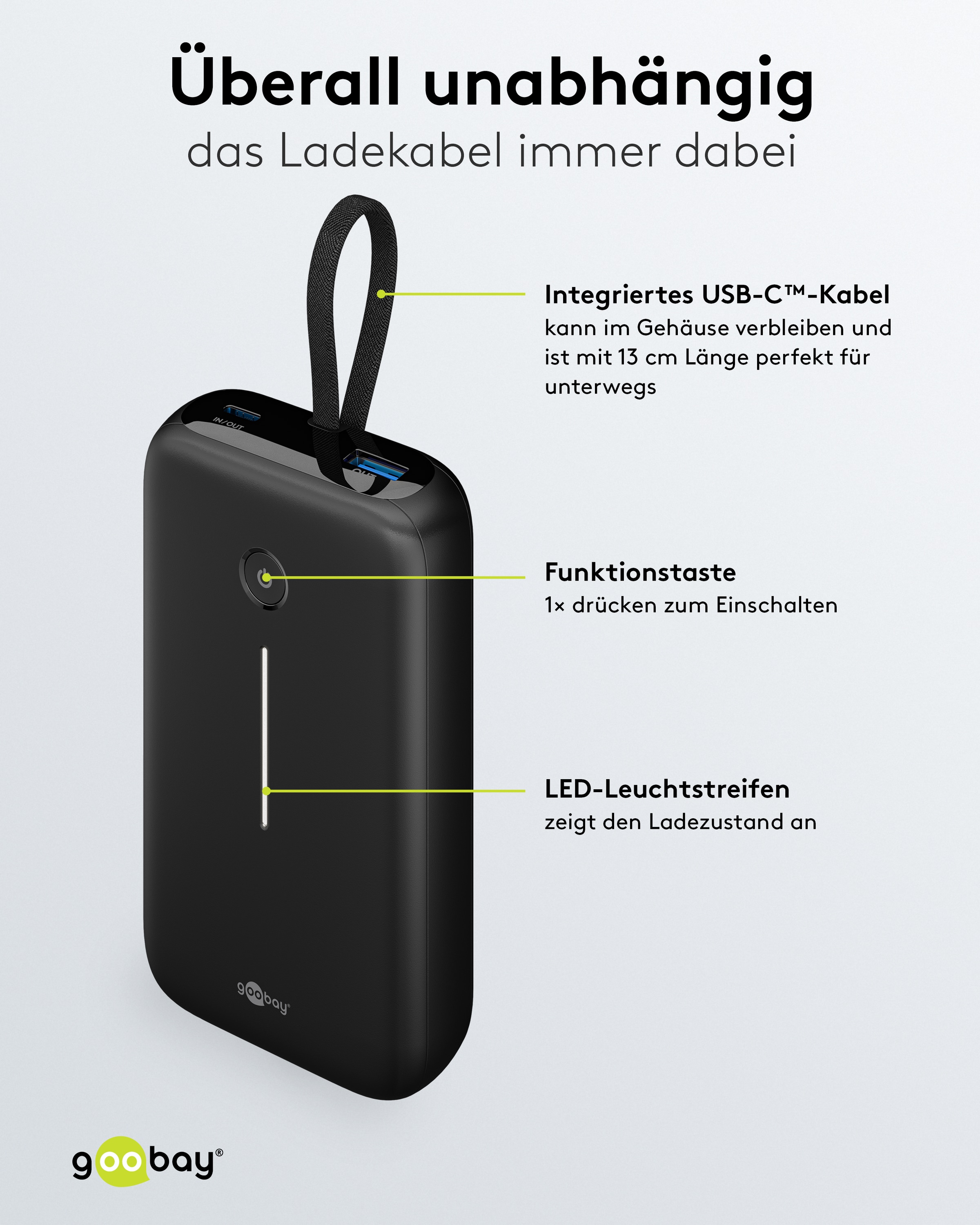 GOOBAY USB Powerbank 76252, 20.000mAh, 30 W, USB-A, 2x USB-C, schwarz GOOBAY USB Powerbank 76252, 20.000mAh, 30 W, USB-A, 2x USB-C, schwarz