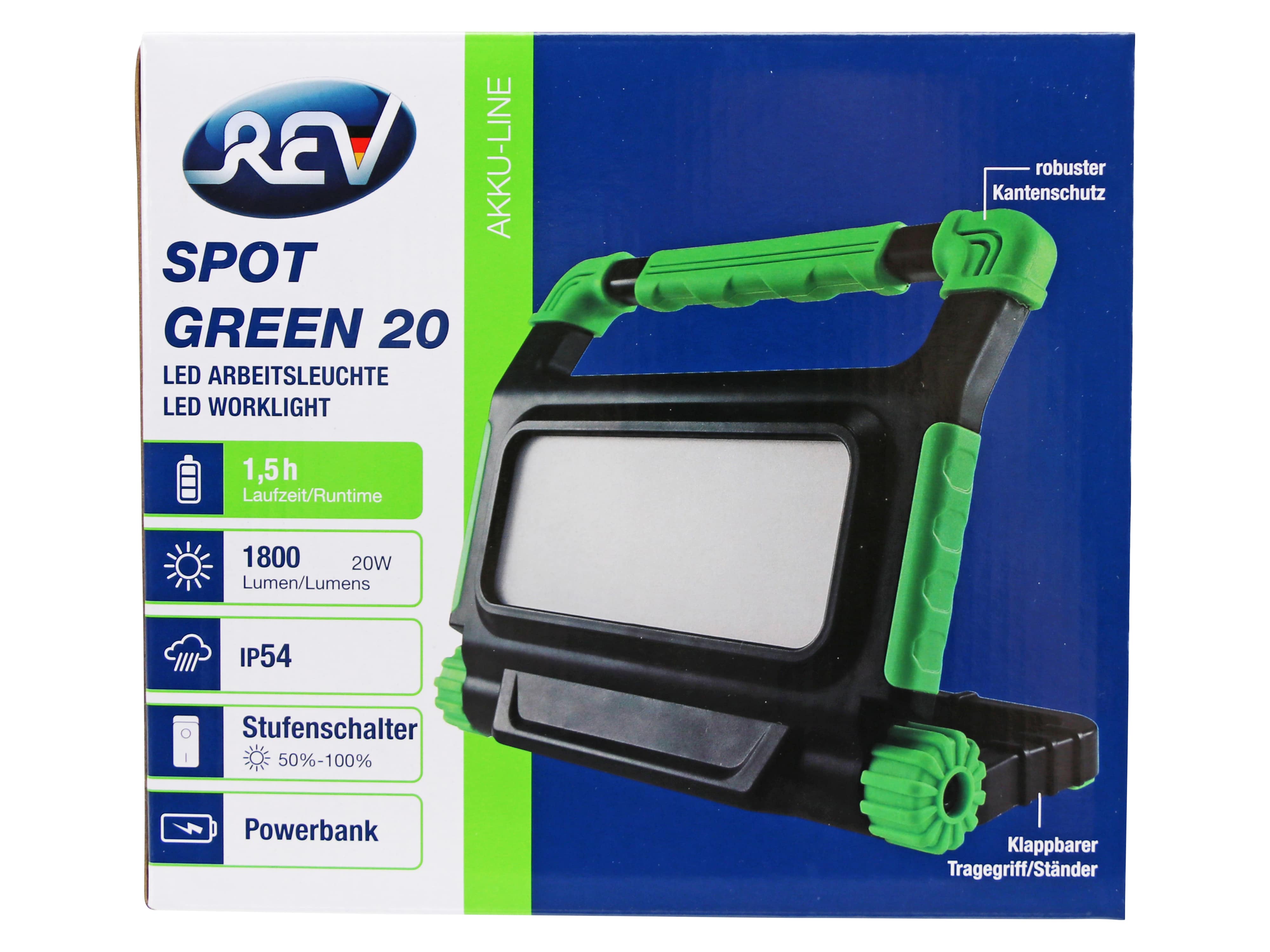 LED Arbeitsleuchte Spot Green 20, 20W, 6500K, 1800lm, tageslichtweiß, IP54, schwarz/grün LED Arbeitsleuchte Spot Green 20, 20W, 6500K, 1800lm, tageslichtweiß, IP54, schwarz/grün