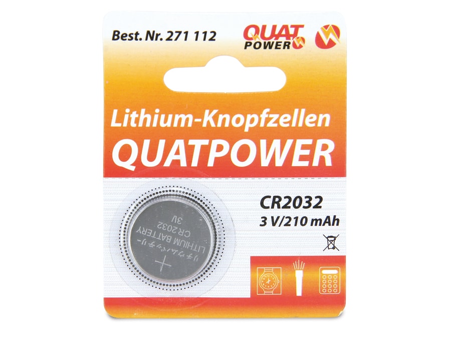 QUATPOWER Knopfzelle, CR2032, Lithium, 3 V, 210 mAh, 1 St. QUATPOWER Knopfzelle, CR2032, Lithium, 3 V, 210 mAh, 1 St.