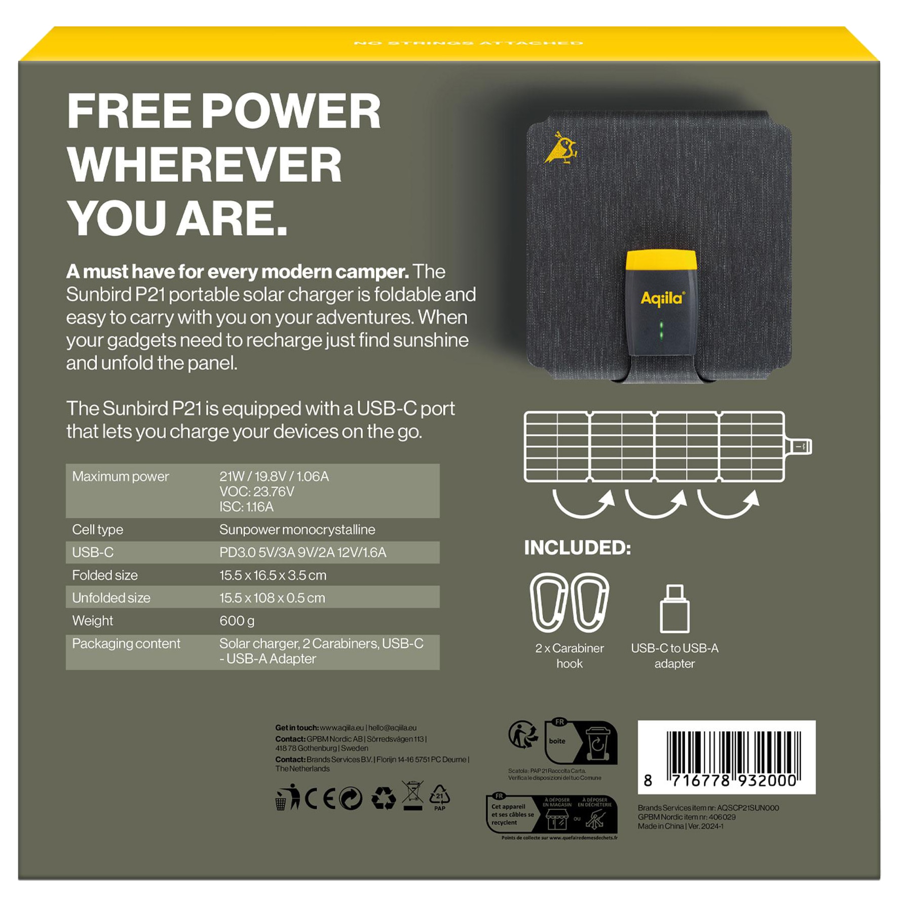 AQIILA Solarpanel Sunbird P21, 21 W, USB-C, schwarz AQIILA Solarpanel Sunbird P21, 21 W, USB-C, schwarz