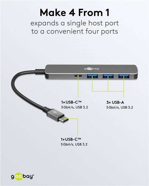GOOBAY USB3.2 Hub 79158 Slim 4 Port USB-C auf USB-C/USB-A 5 Gbit/s GOOBAY USB3.2 Hub 79158 Slim 4 Port USB-C auf USB-C/USB-A 5 Gbit/s