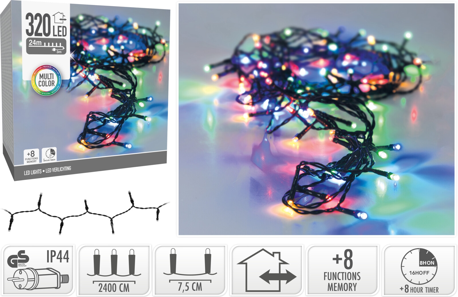 KOOPMAN LED-Lichterkette bunt, 320 LEDs, Grünes Kabel, Innen/Außen, 27m, 8 Funk.