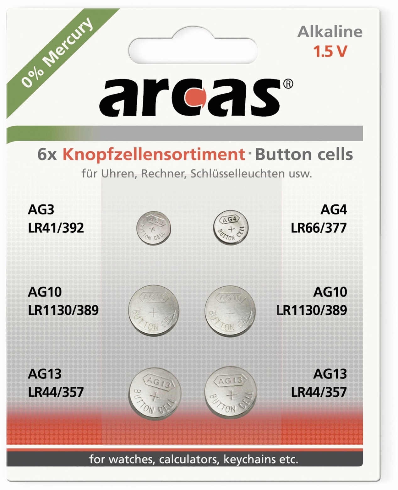 ARCAS Knopfzellen-Set, AG3, AG4, AG10, AG13, 6-teilig ARCAS Knopfzellen-Set, AG3, AG4, AG10, AG13, 6-teilig