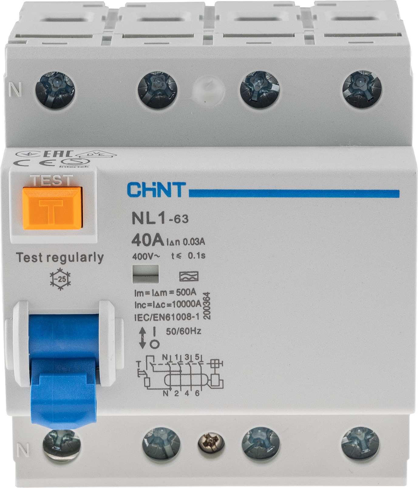 CHINT FI Fehlerstrom-Schutzschalter 23852, 30mA, 40 A, 4-polig