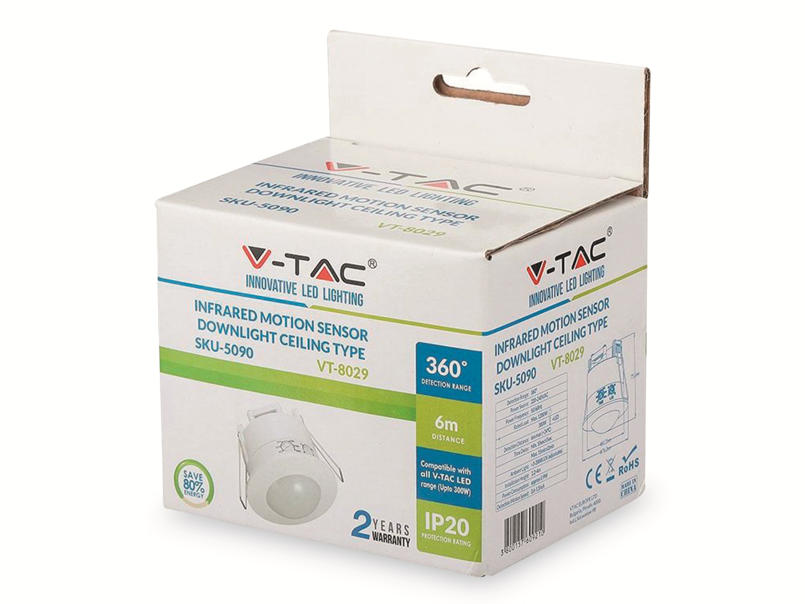 V-TAC Einbaubewegungsmelder VT-5090, 360°, IP20, weiß V-TAC Einbaubewegungsmelder VT-5090, 360°, IP20, weiß