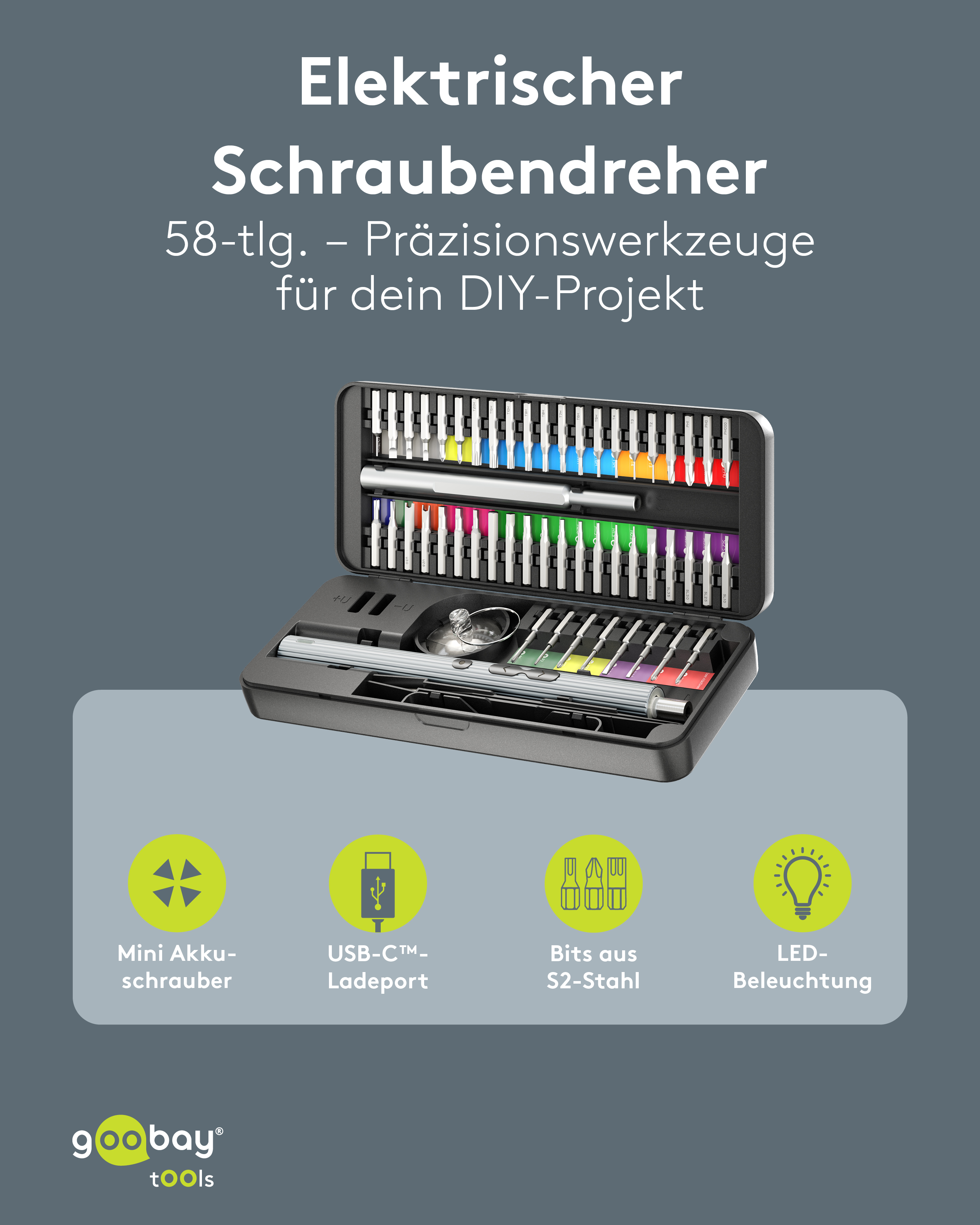 GOOBAY TOOLS 58in1 Elektrischer Schraubendreher, 77839, mit 50-tlg. Präzisions-Bitsatz GOOBAY TOOLS 58in1 Elektrischer Schraubendreher, 77839, mit 50-tlg. Präzisions-Bitsatz