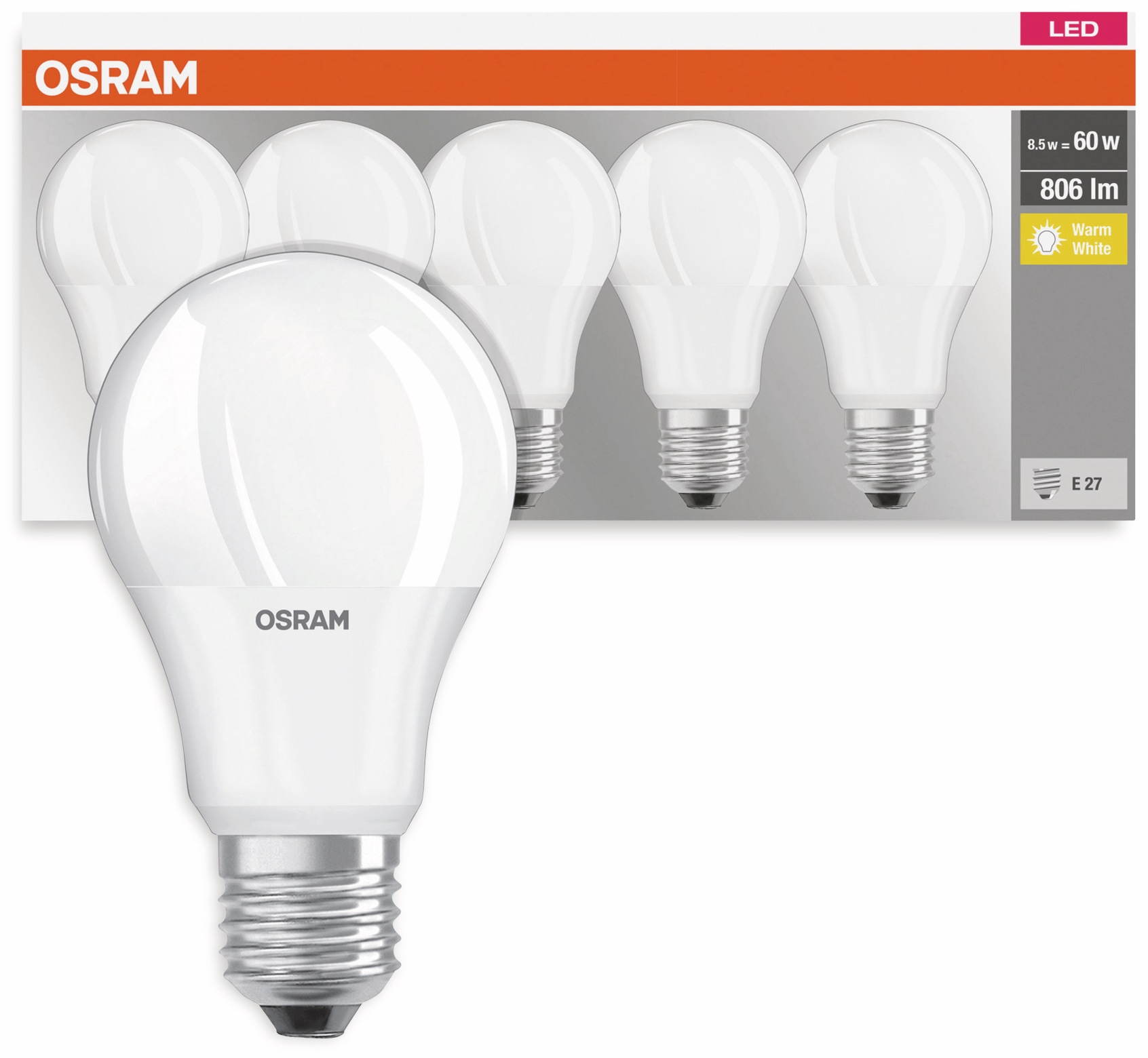 OSRAM LED-Lampe, EEK: F, E27, 8,5 W, 806 lm, 2700 K, 5er Set OSRAM LED-Lampe, EEK: F, E27, 8,5 W, 806 lm, 2700 K, 5er Set