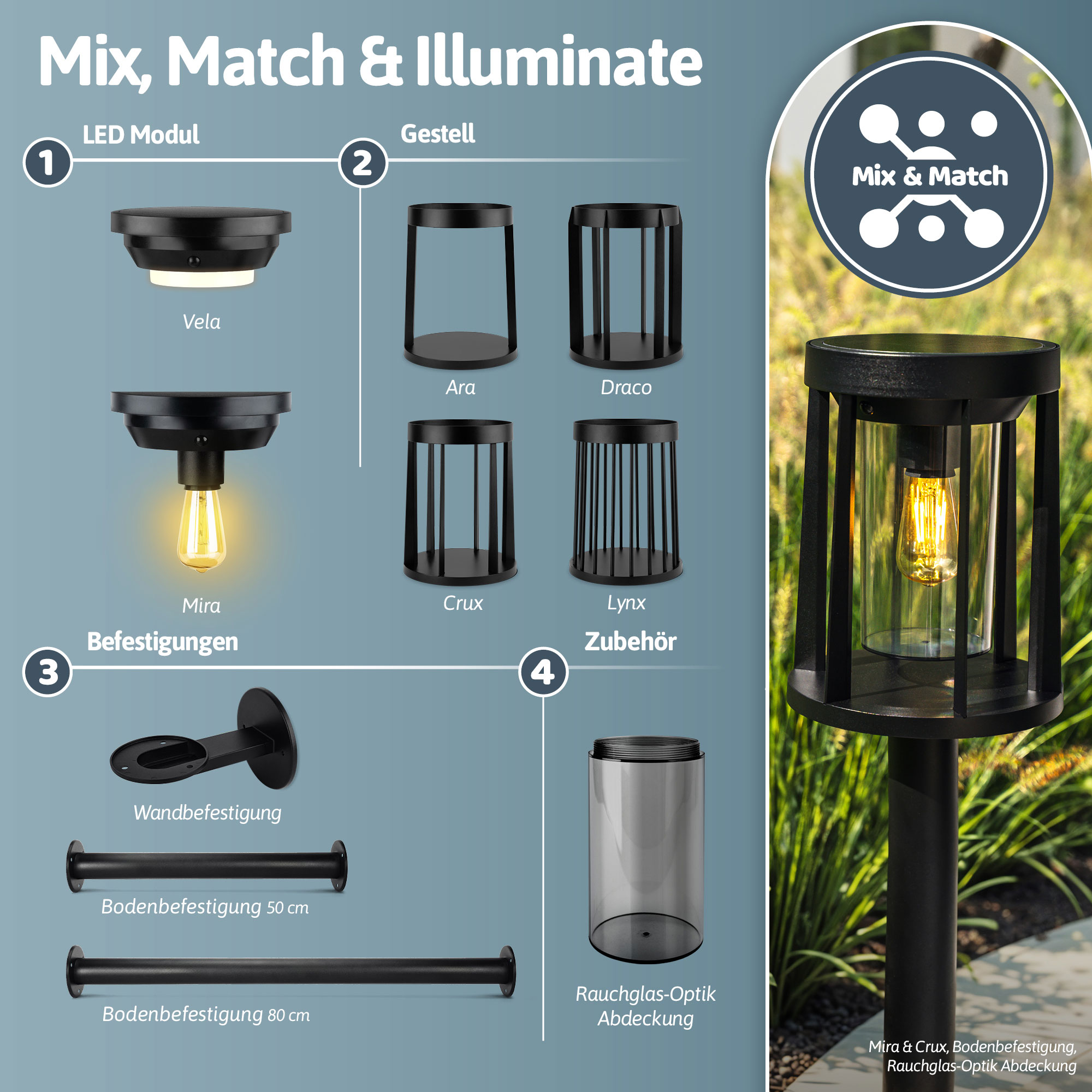 BRENDZ M&M Solar LED-Tischleuchte, Mira & Crux, 40/200/400 lm, 2700 K, IP54 BRENDZ Solar LED-Tischleuchte, Mira & Crux, 40/200/400 lm, 2700 K, IP54