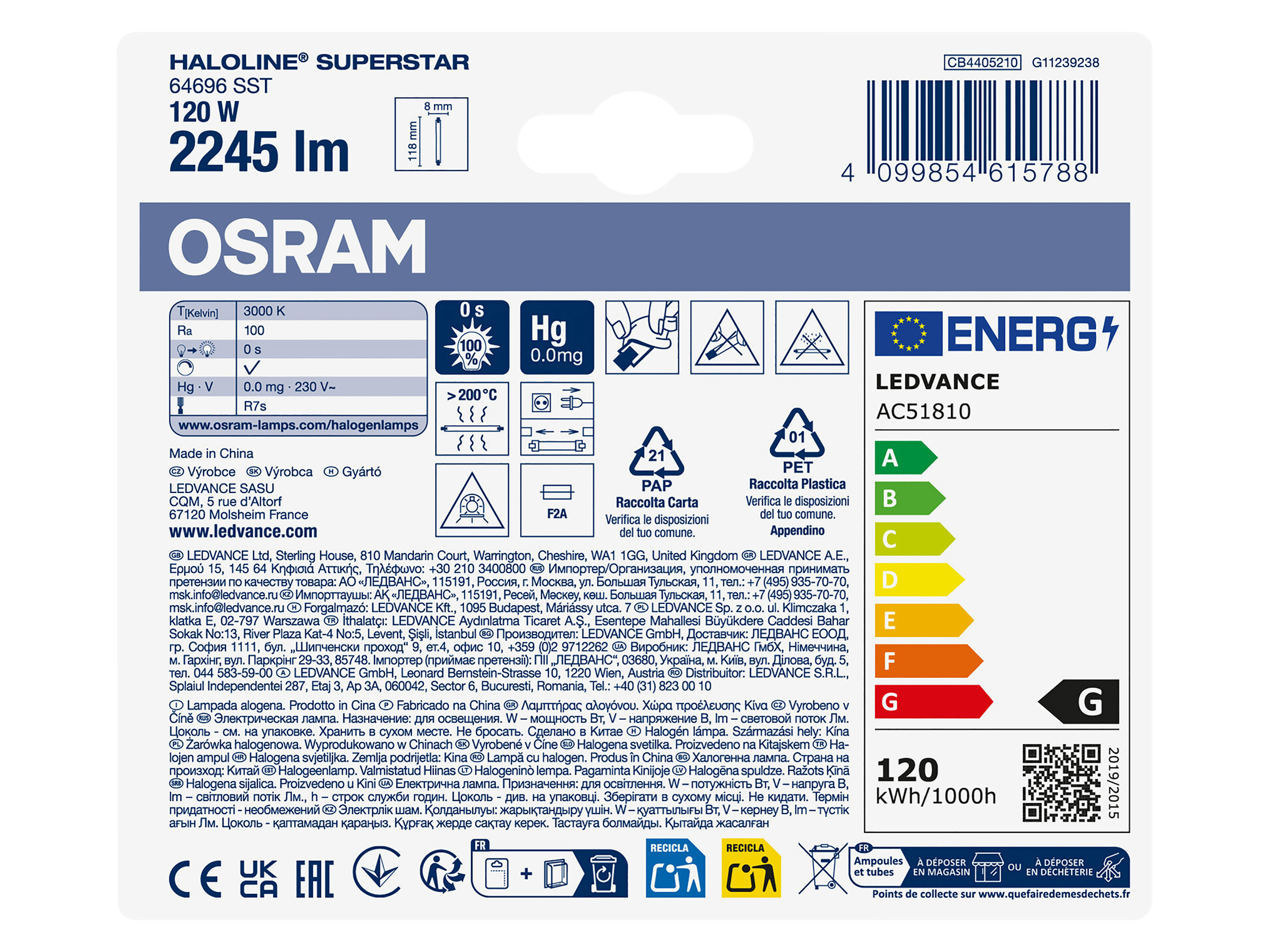 OSRAM Halogenlampe, zweiseitig gesockelt, R7s, 120W, 3000K, warmweiß, 2245lm, 2 Stück OSRAM Halogenlampe, zweiseitig gesockelt, R7s, 120W, 3000K, warmweiß, 2245lm